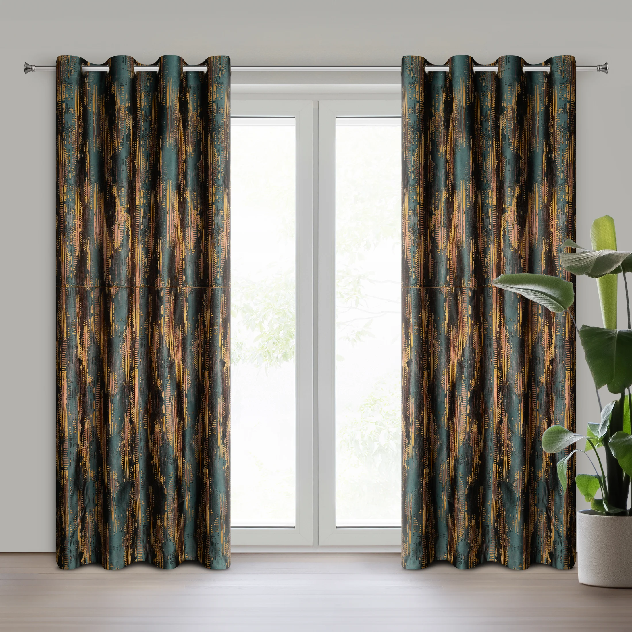 Komplet zasłon 2 szt turkusowo, miedziany z nowoczesnym nadrukiem i antycznymi przelotkami 130x260 cm