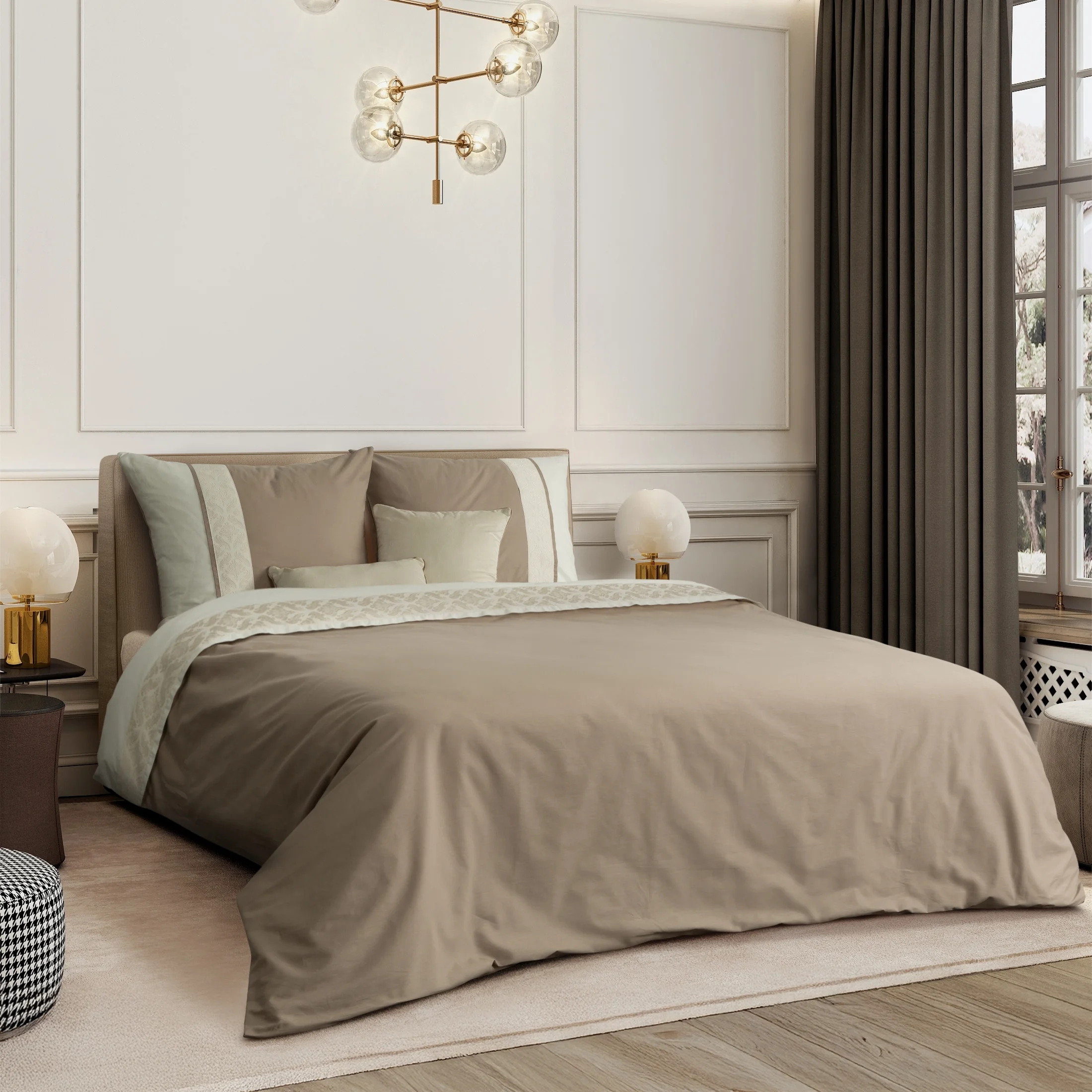 Pościel 160x200 cm z bawełny ranforce kolor beżowy, kremowy zdobiona ornamentowym haftem REINA26A | eurofirany