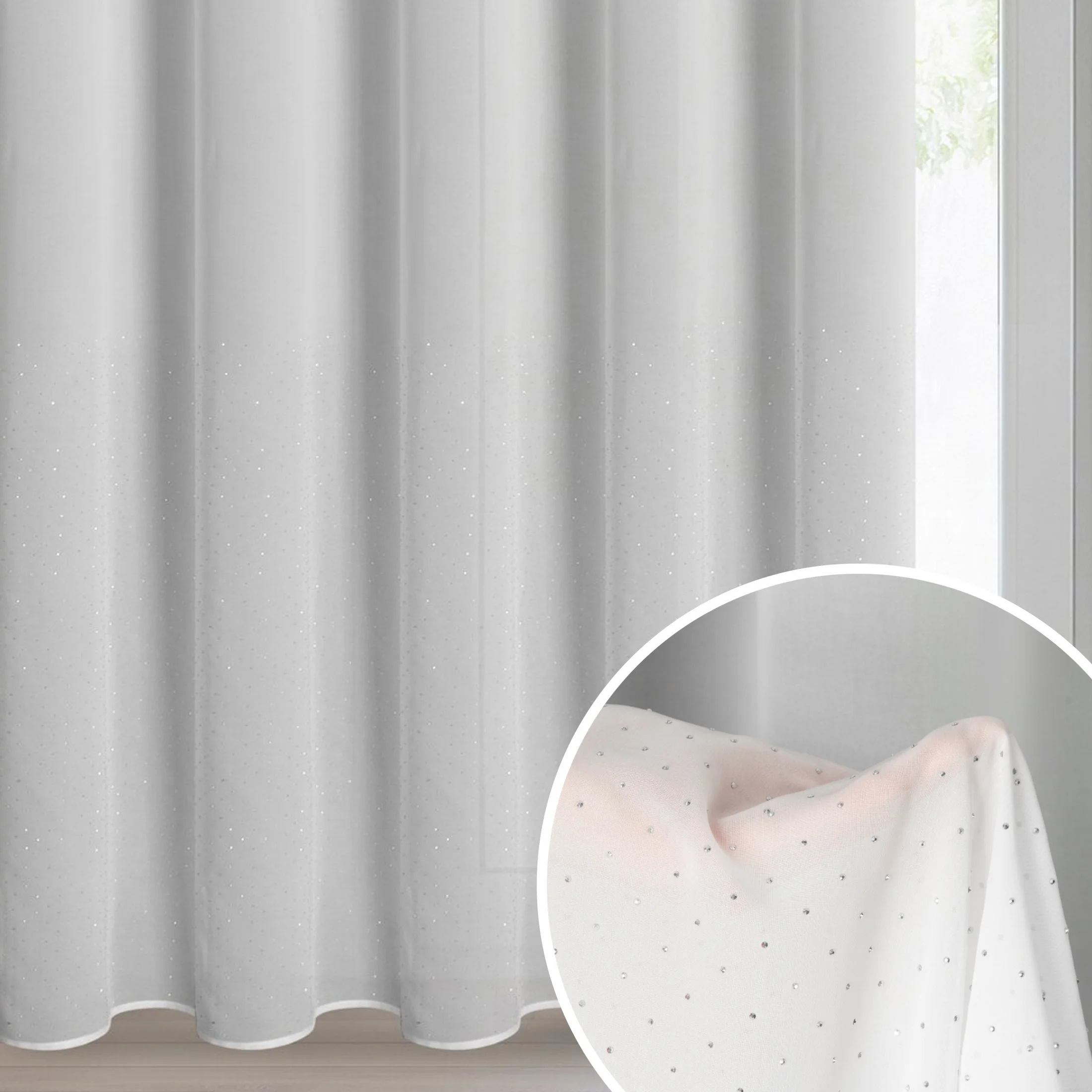 Firana biała z tkaniny szyfonowej zdobiona w dolnej części lśniącymi diamencikami 350x250 cm przelotka ARIADNA | eurofirany