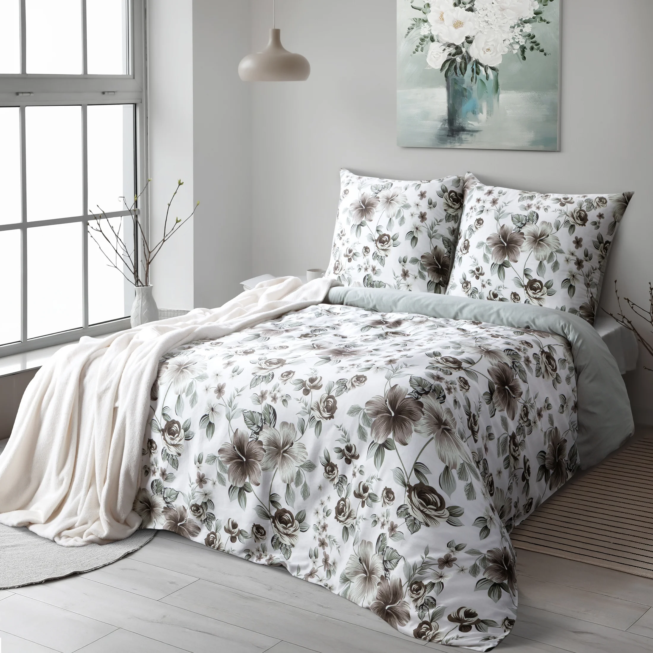Pościel 160x200 cm z satyny bawełnianej kolor biało, stalowy z motywem kwiatów SPRING 67 | eurofirany