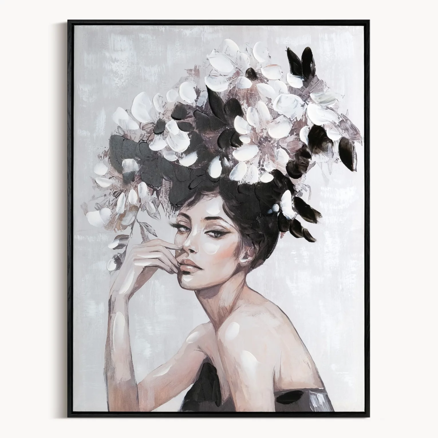 Obraz kremowo, czarny ręcznie malowanej kobiety z kwiatami na płótnie 60x80 cm