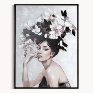 Obraz kremowo, czarny ręcznie malowanej kobiety z kwiatami na płótnie 60x80 cm