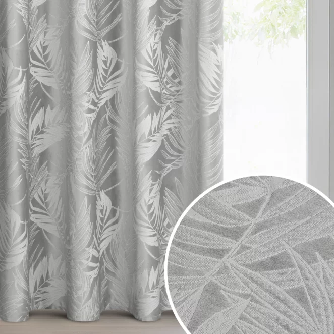 Zasłona srebrna welwetowa zdobiona motywem palmowych liści 140x250 cm przelotka - VERA