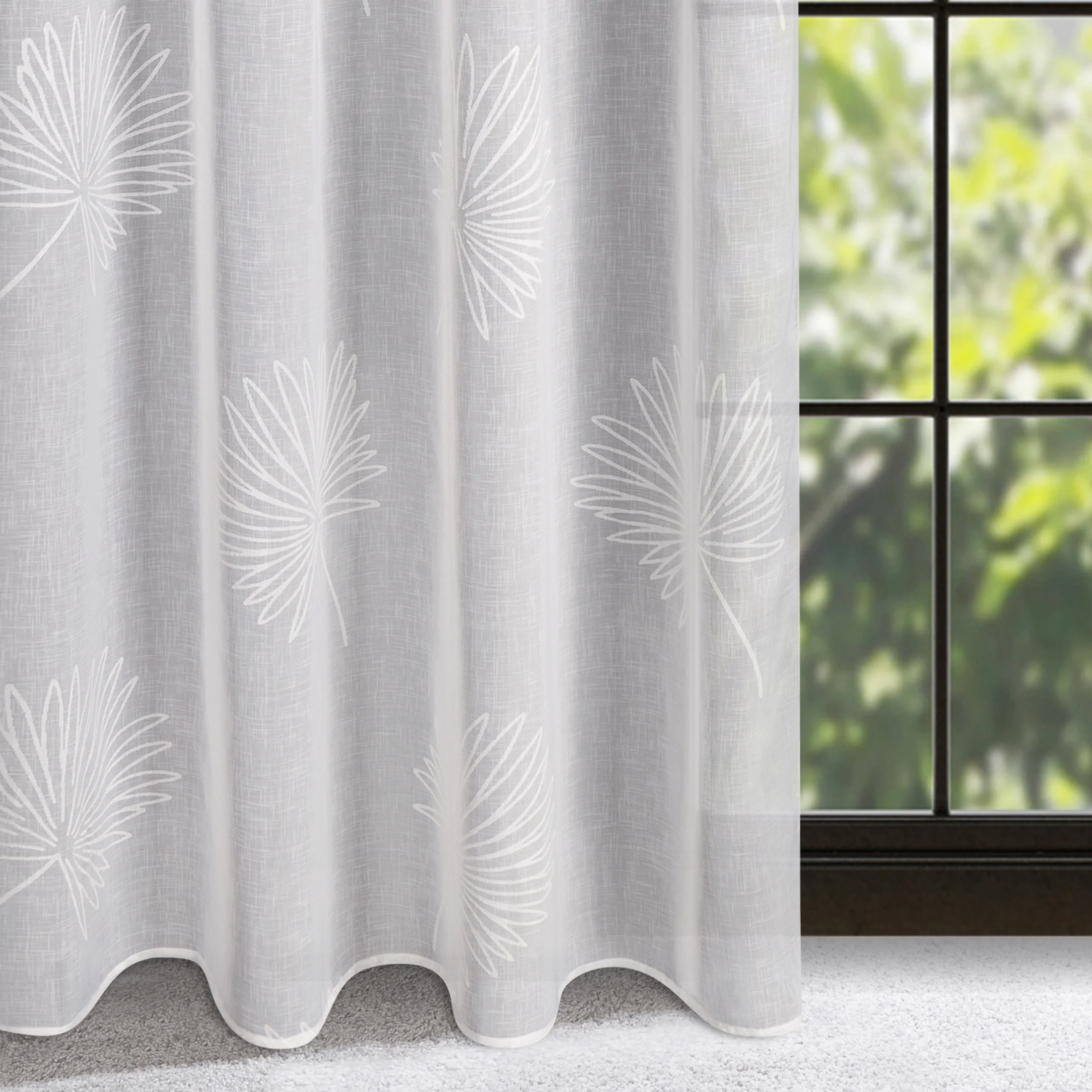 Firana biała z lekkiej etaminy z żakardowym motywem liści 140x270 cm taśma JANE | eurofirany