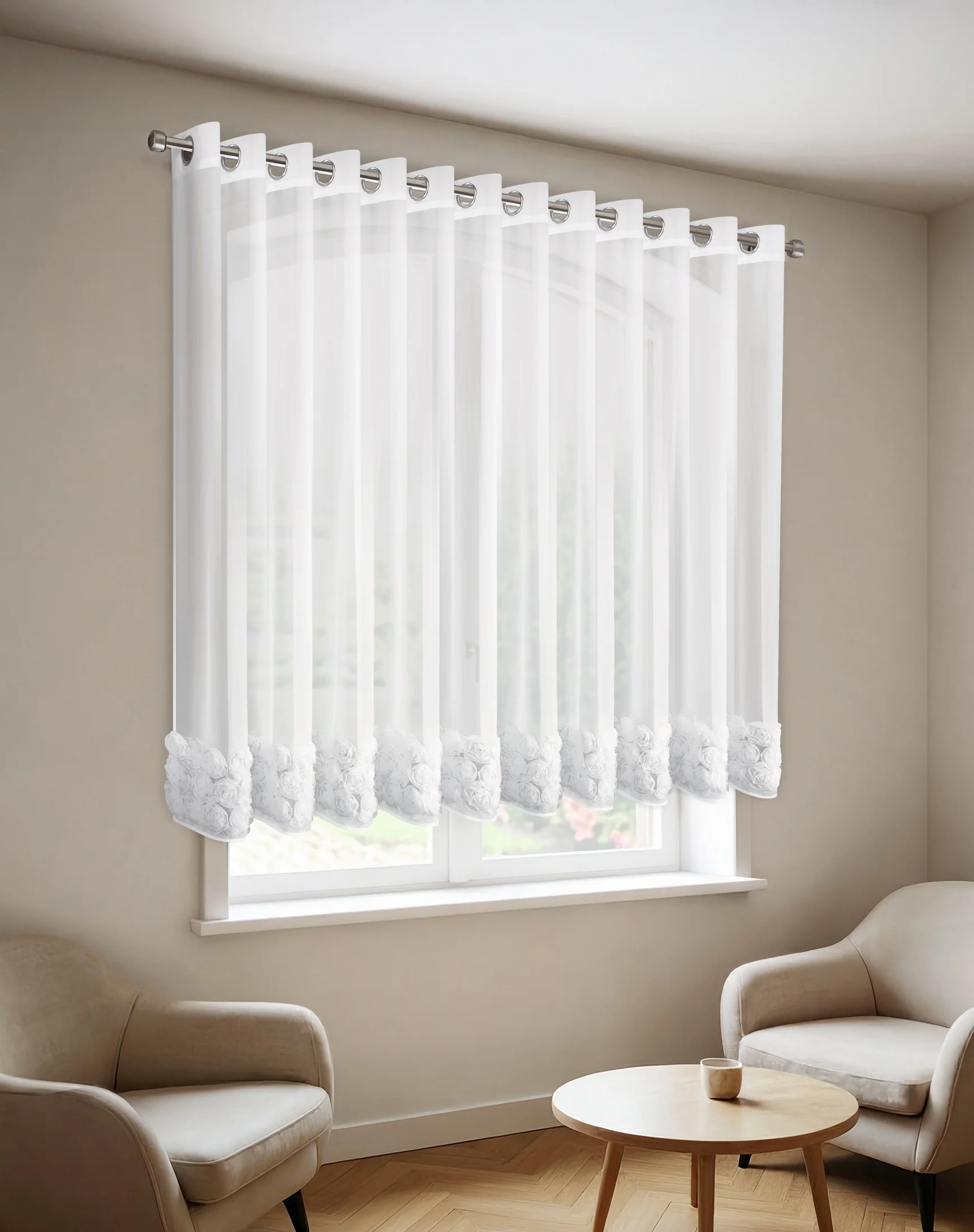 Firana biała z siateczki zdobiona aplikacją 3D w róże 350x160 cm przelotka - ROSES2 - Eva Minge | eurofirany