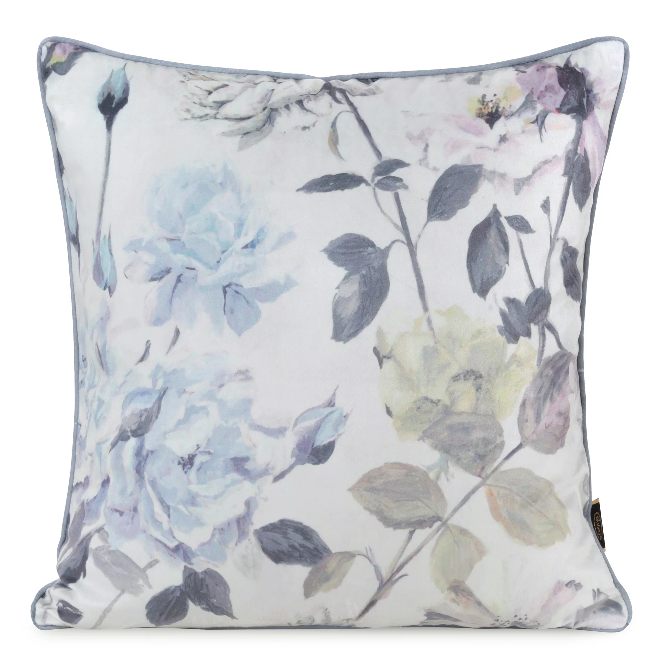 Poszewka na poduszkę 45x45 cm welwetowa, kremowo niebieska z nadrukiem pastelowych kwiatów VELVET 151 Eurofirany Premium | eurofirany