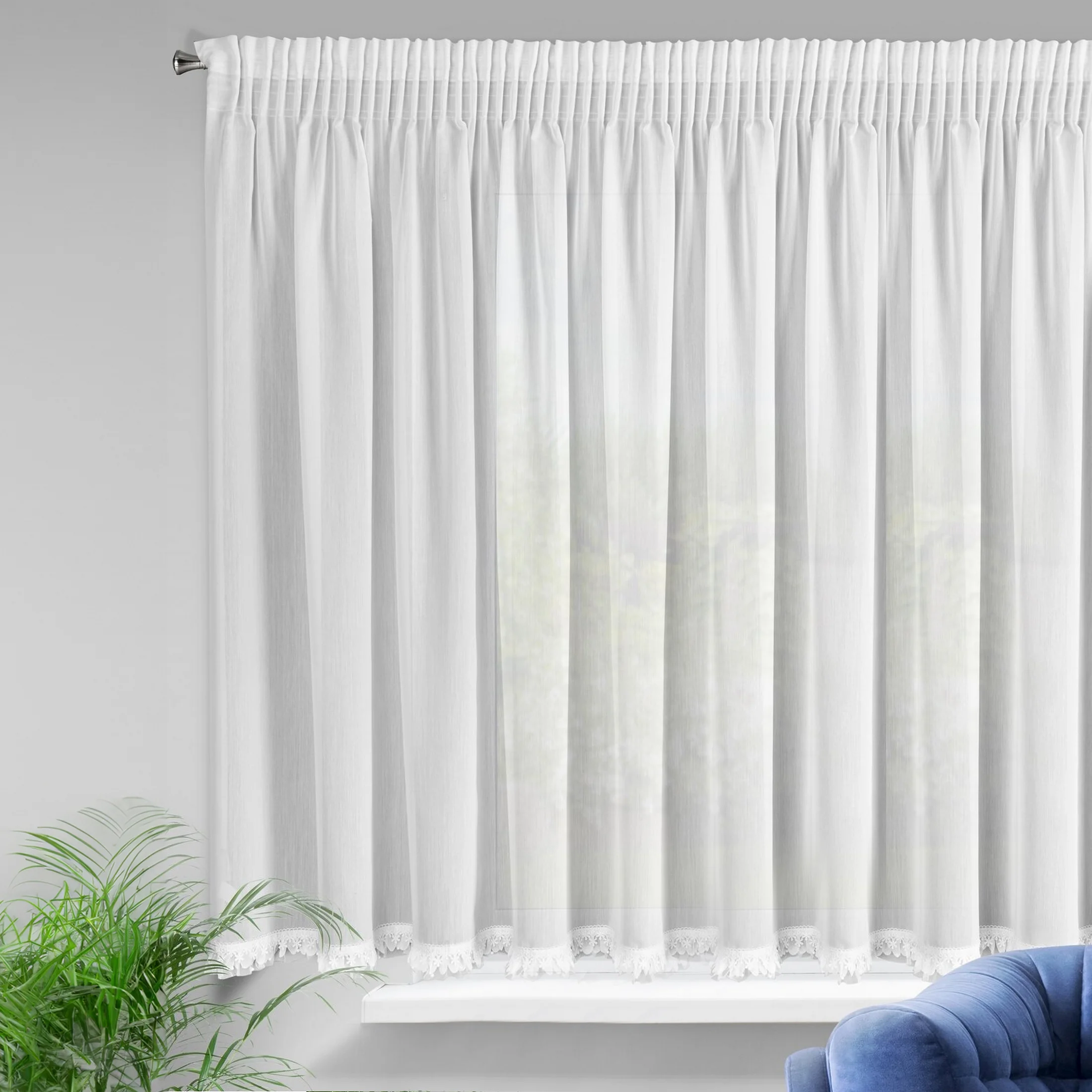 Firana biała z etaminy zakończona fantazyjną aplikacją 300x150 cm taśma ELENA | eurofirany