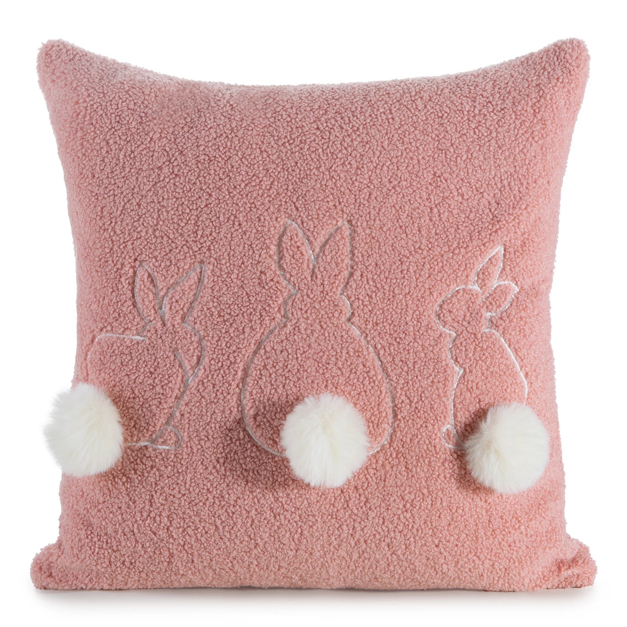 Poszewka na poduszkę 45x45 cm z tkaniny typu bukla pudrowo, biała z uroczym haftem z pomponami WIOSNA 53