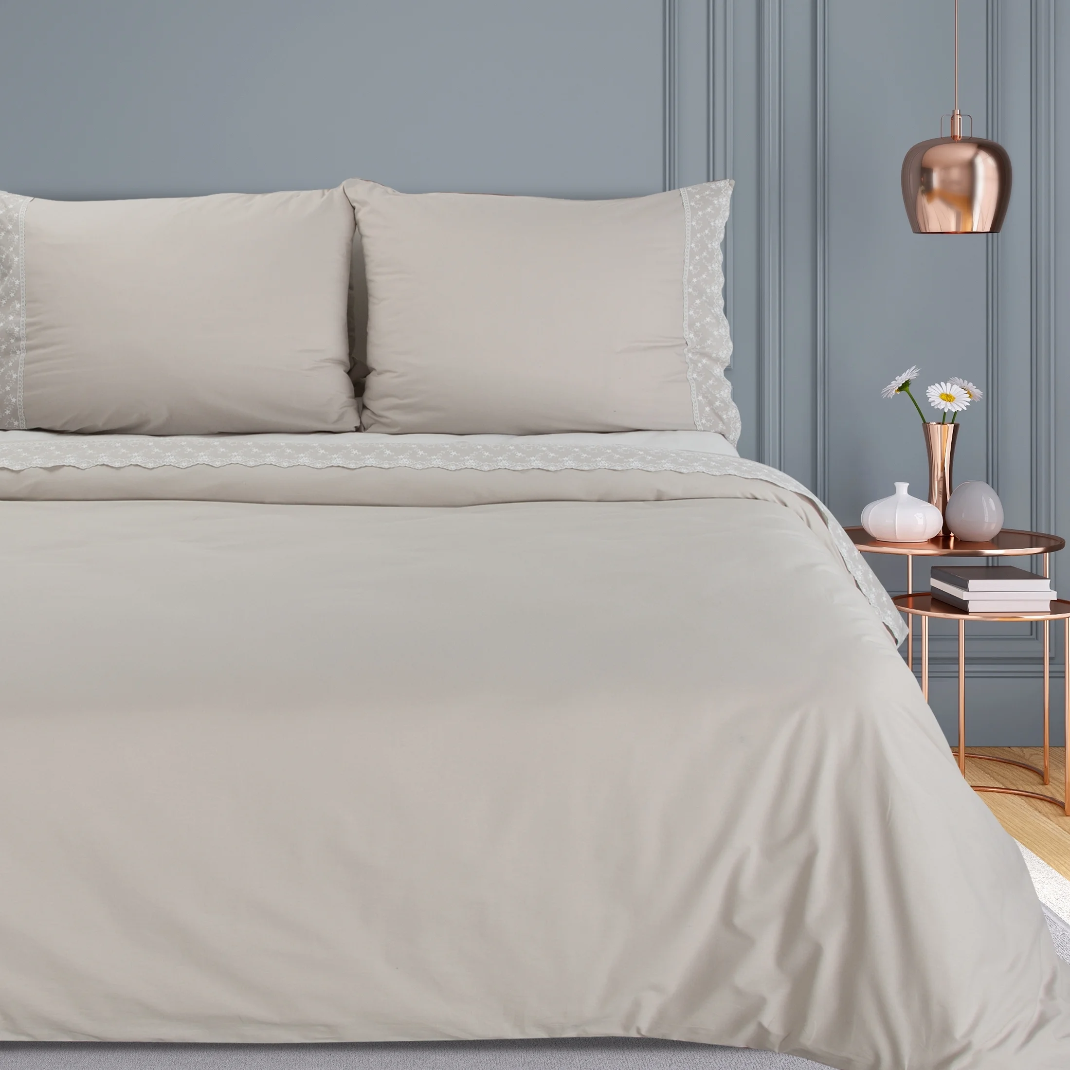 Pościel 160x200 cm z bawełny ranforce kolor beżowy zdobiona koronką REINA 27 |