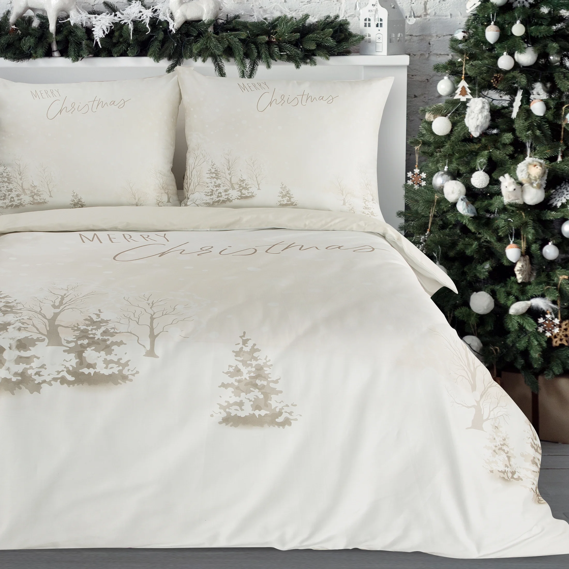 Pościel świąteczna 160x200 cm, kolor beżowy, biały z subtelnym nadrukiem SNOWFLAKE | eurofirany