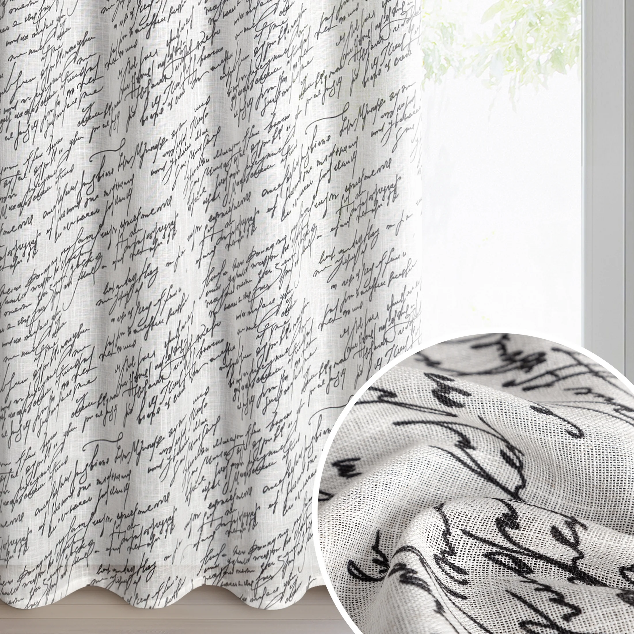 Zasłona kolor naturalny, czarny z tkaniny z dodatkiem lnu zdobiona oryginalnym nadrukiem 140x250 cm przelotka - EDITH | eurofirany