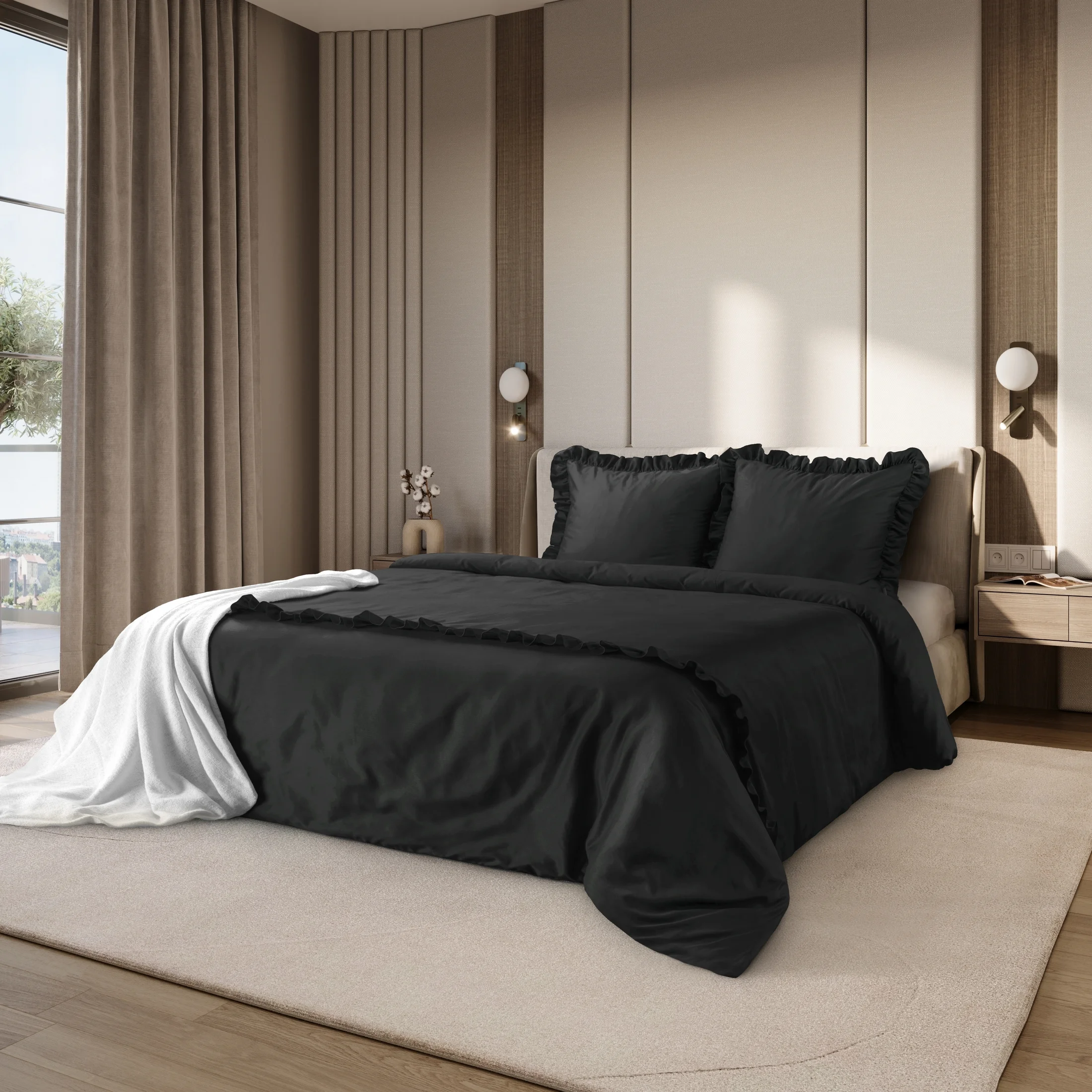 Pościel 160x200 cm bawełniana z makosatyny kolor czarny z falbanami w romantycznym stylu Reina Line | eurofirany