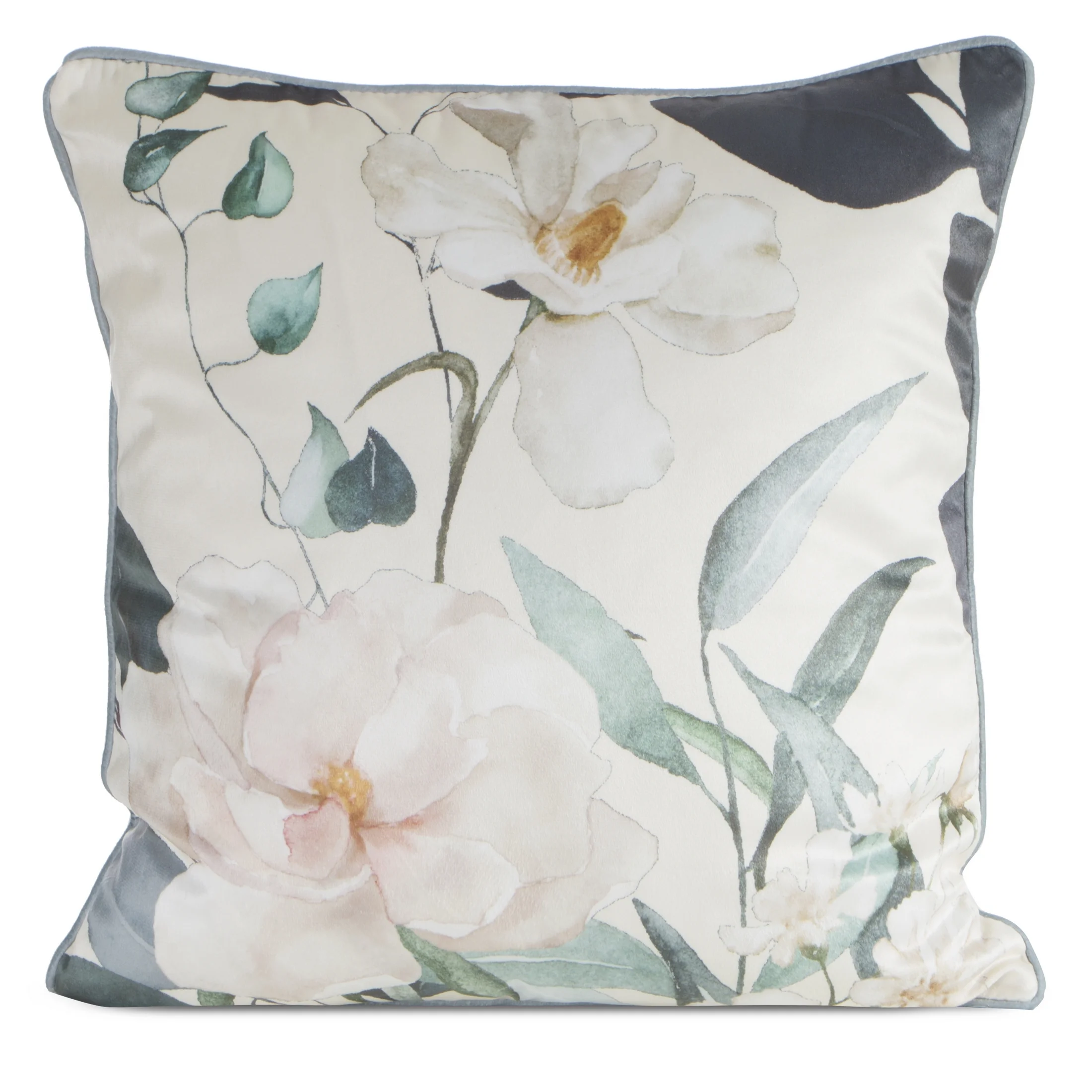 Poszewka na poduszkę 45x45 kremowa, zielona welwetowa z subtelnym motywem kwiatów ROSITA 1 | eurofirany