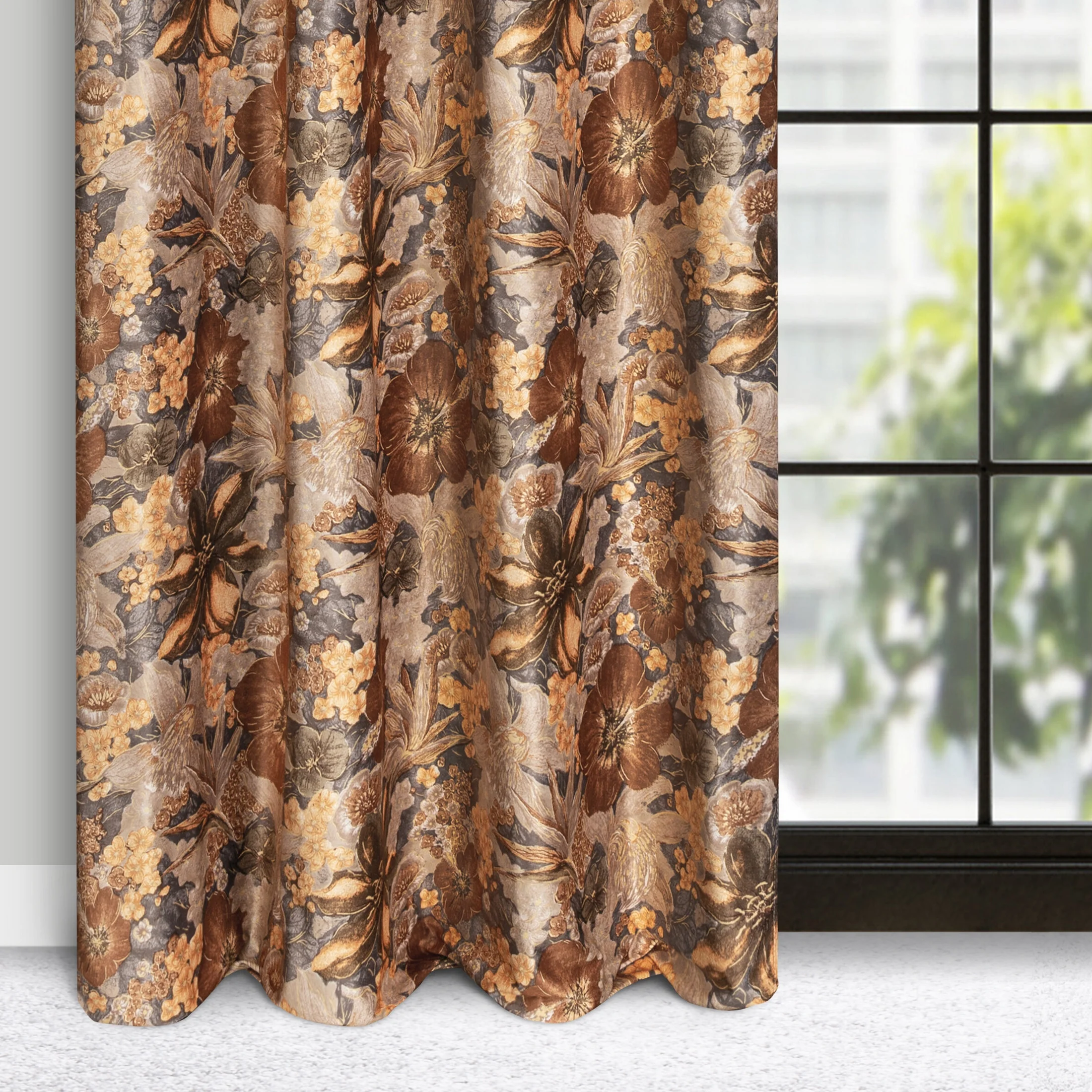 Zasłona rudo, stalowa w kwiaty z welwetu 140x250 cm przelotka - DIANA | eurofirany