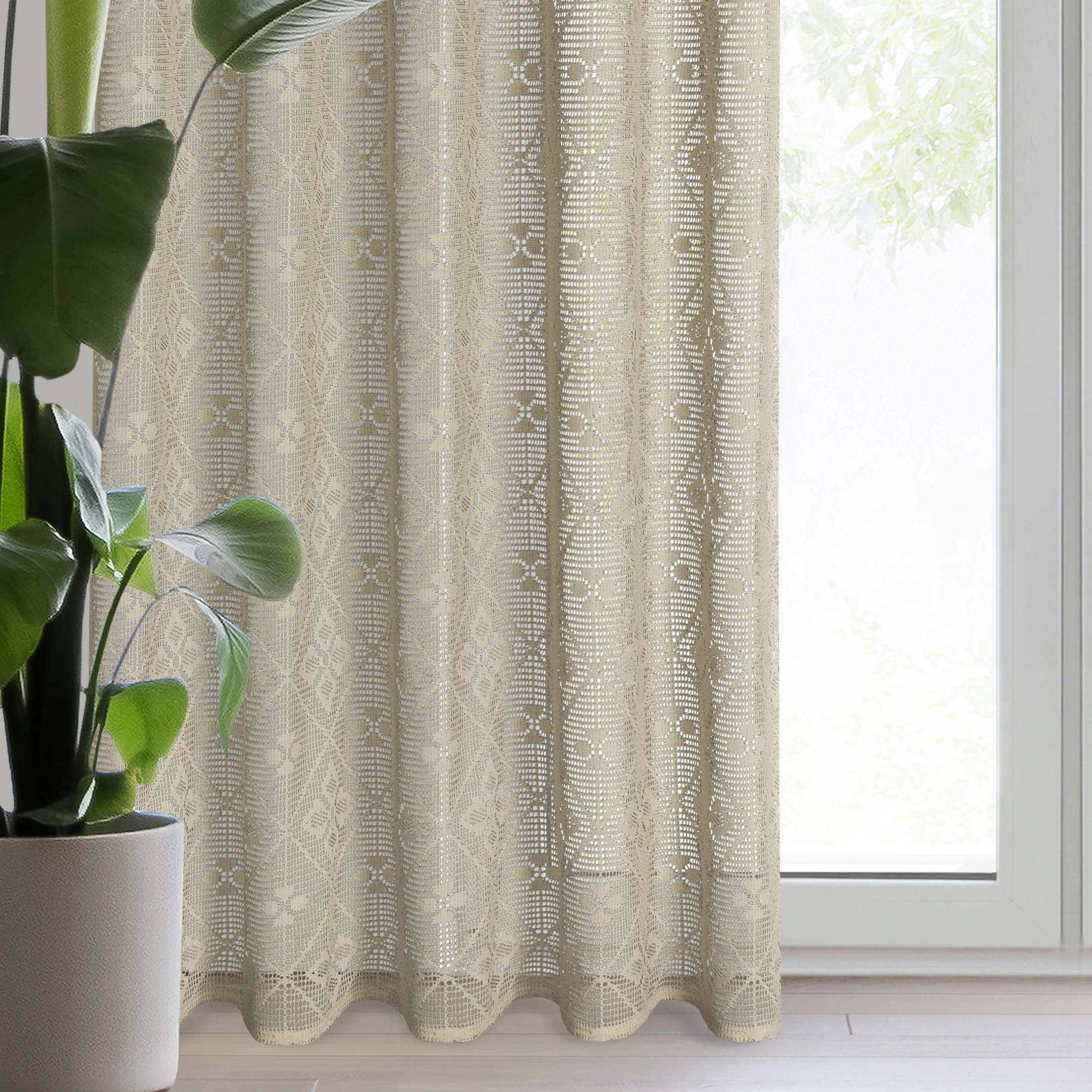 Zasłona jansobeżowa ażurowa w stylu eko 140x270 cm taśma - NELA | eurofirany