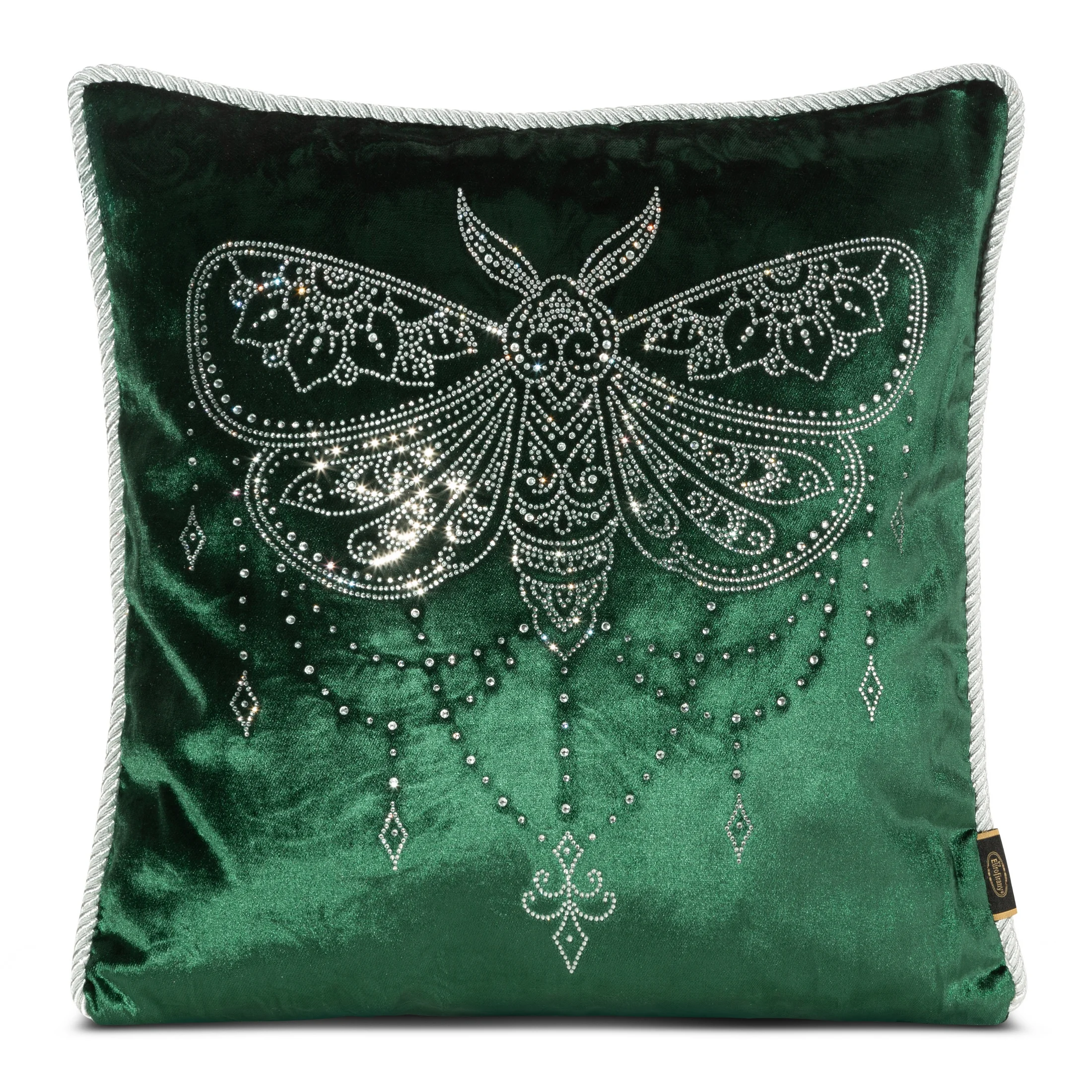 Poszewka na poduszkę 45x45 cm welwetowa, ciemnozielona zdobiona wzorem motyla z kryształków ROYAL 8 | eurofirany