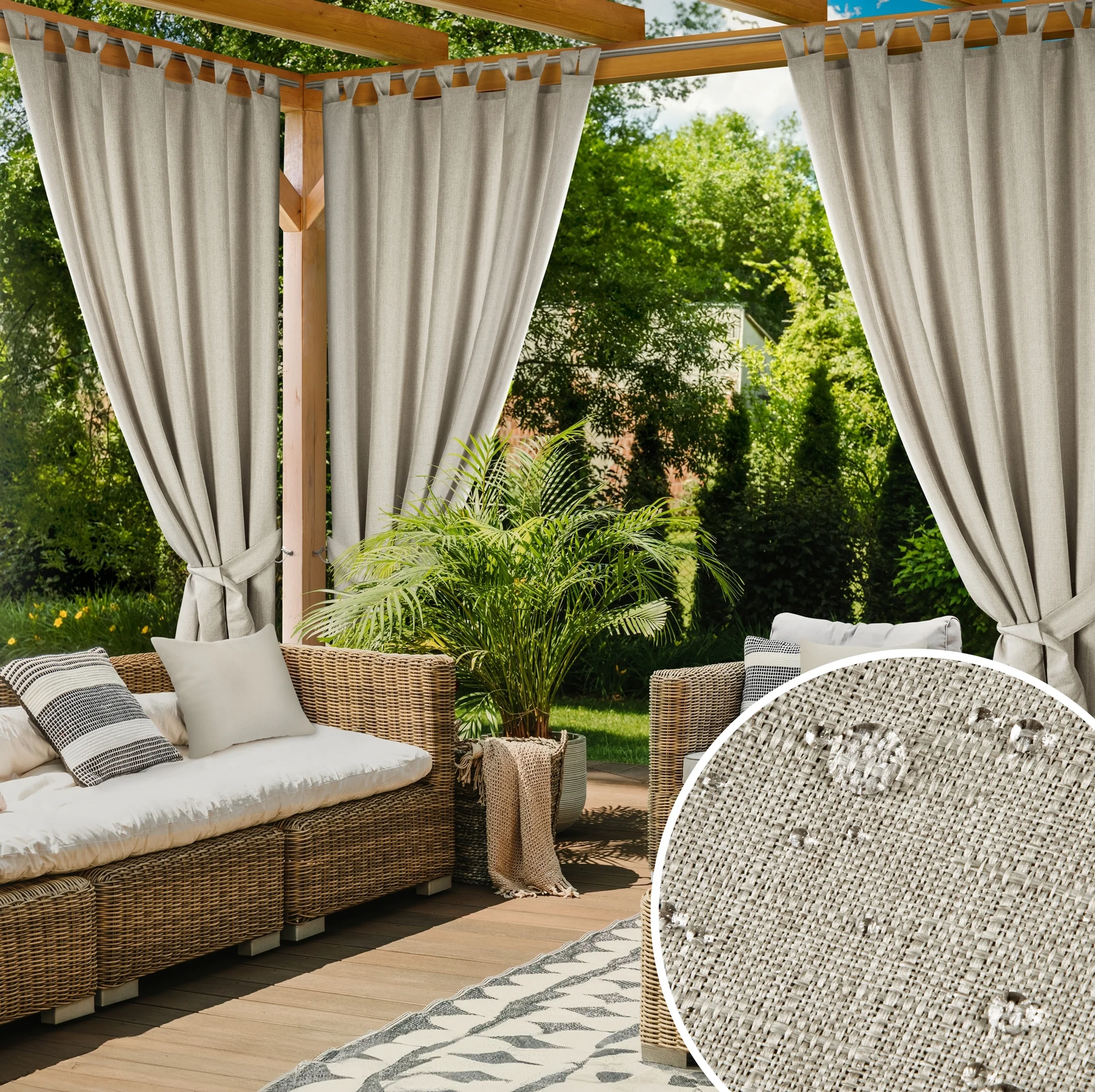 Zasłona beżowa z wodoodpornej tkaniny idealna do ogrodu i na taras 155x260 cm szelki/rzep - GARDEN | eurofirany