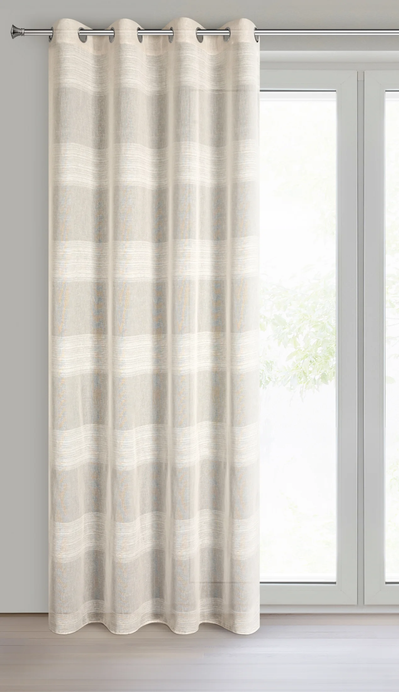 Firana beżowa zdobiona szenilowymi pasami 140x250 cm przelotka AGATA