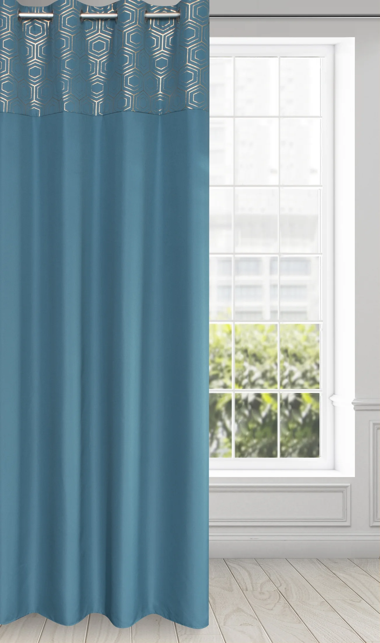 Zasłona niebieska oxford ze srebrną aplikacją 140x250 cm przelotka - DAFNE