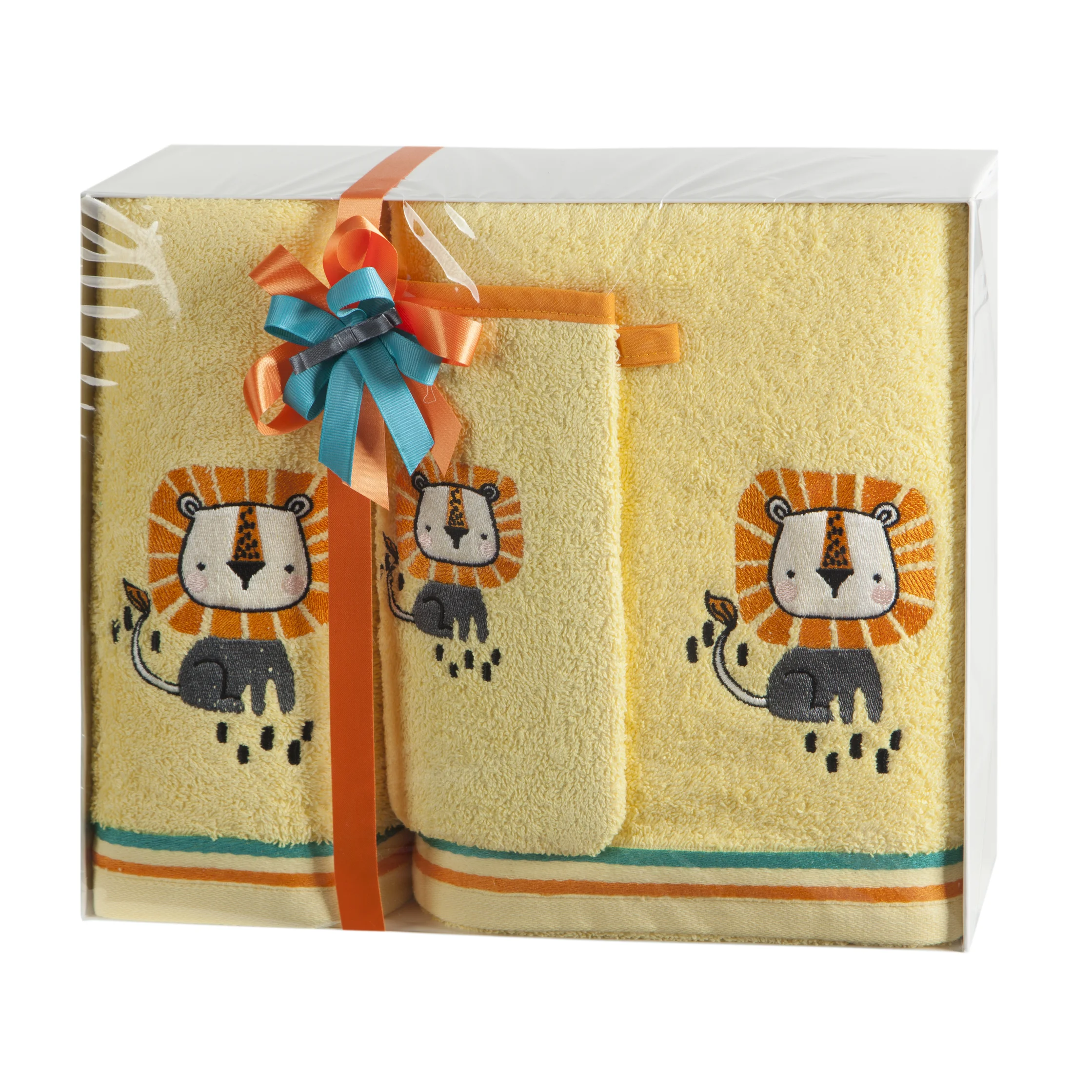 Zestaw ręczników bawełnianych na prezent 1 szt 50x90 cm, 1 szt 70x140 cm i myjka 15x21 cm kolor pomarańczowy zdobionych motywem lwa
