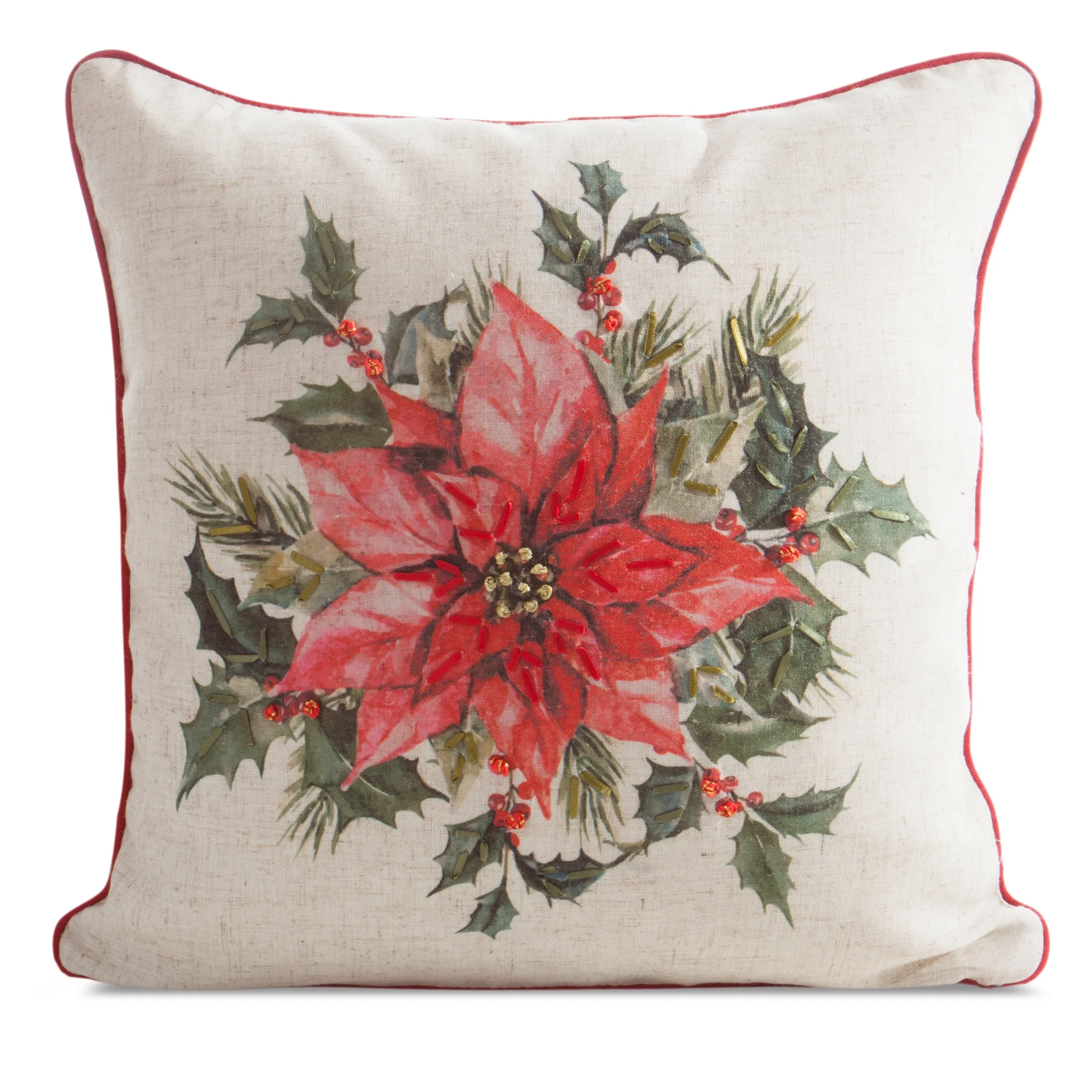 Poszewka na poduszkę świąteczna 45x45 cm o strukturze lnu beżowo, czerwona zdobiona nadrukiem gwiazdy betlejemskiej | eurofirany