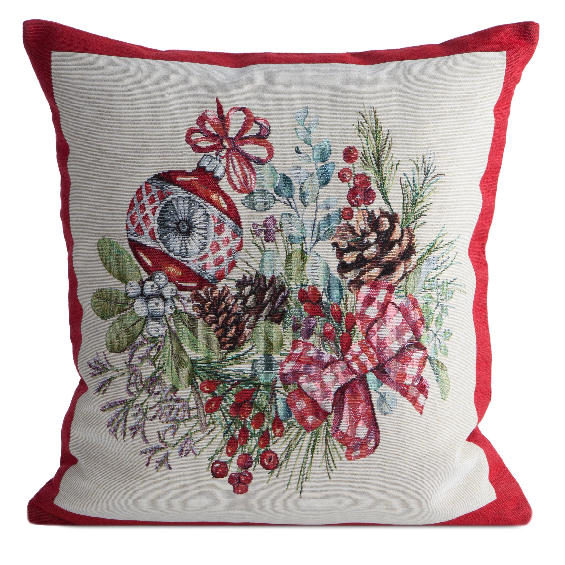 Poszewka na poduszkę świąteczna 45x45 cm gobelinowa popielato, czerwona zdobiona motywem świątecznym | eurofirany