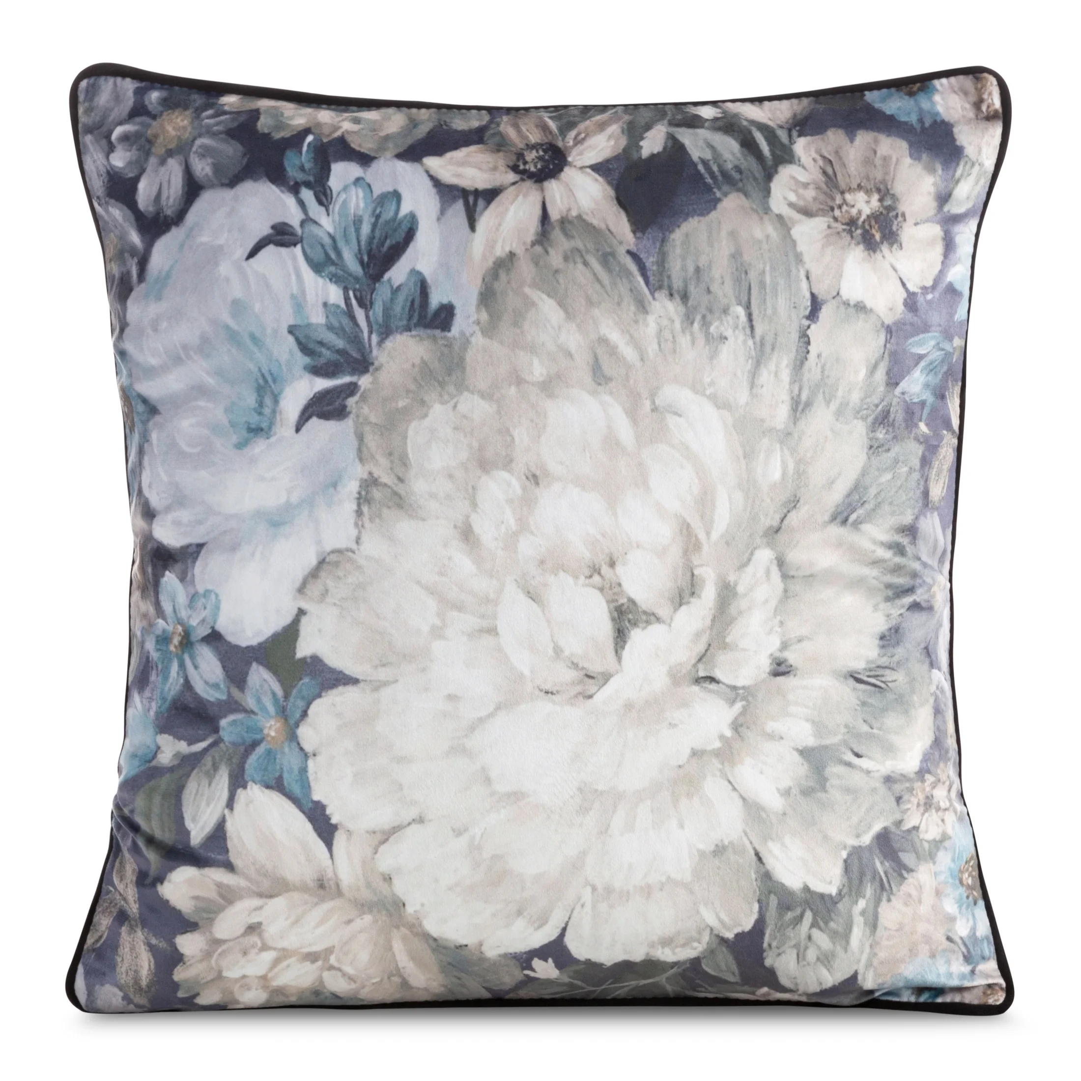 Poszewka na poduszkę 45x45 cm welwetowa kremowo, niebieska z motywem kwiatów z wypustką na brzegach LUCIA | eurofirany