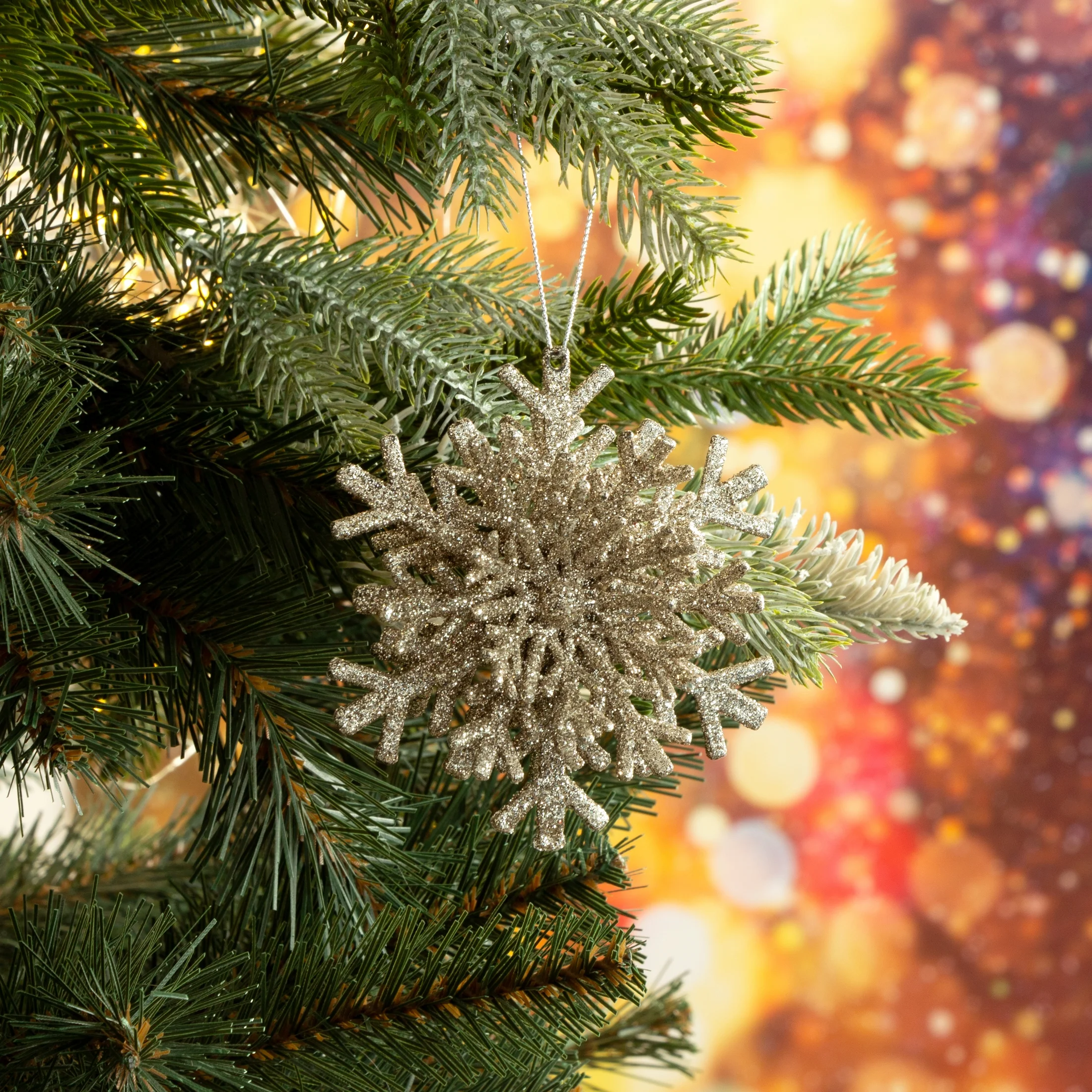 Ozdoba choinkowa ŚNIEŻYNKA obsypana jasnozłotym brokatem | eurofirany