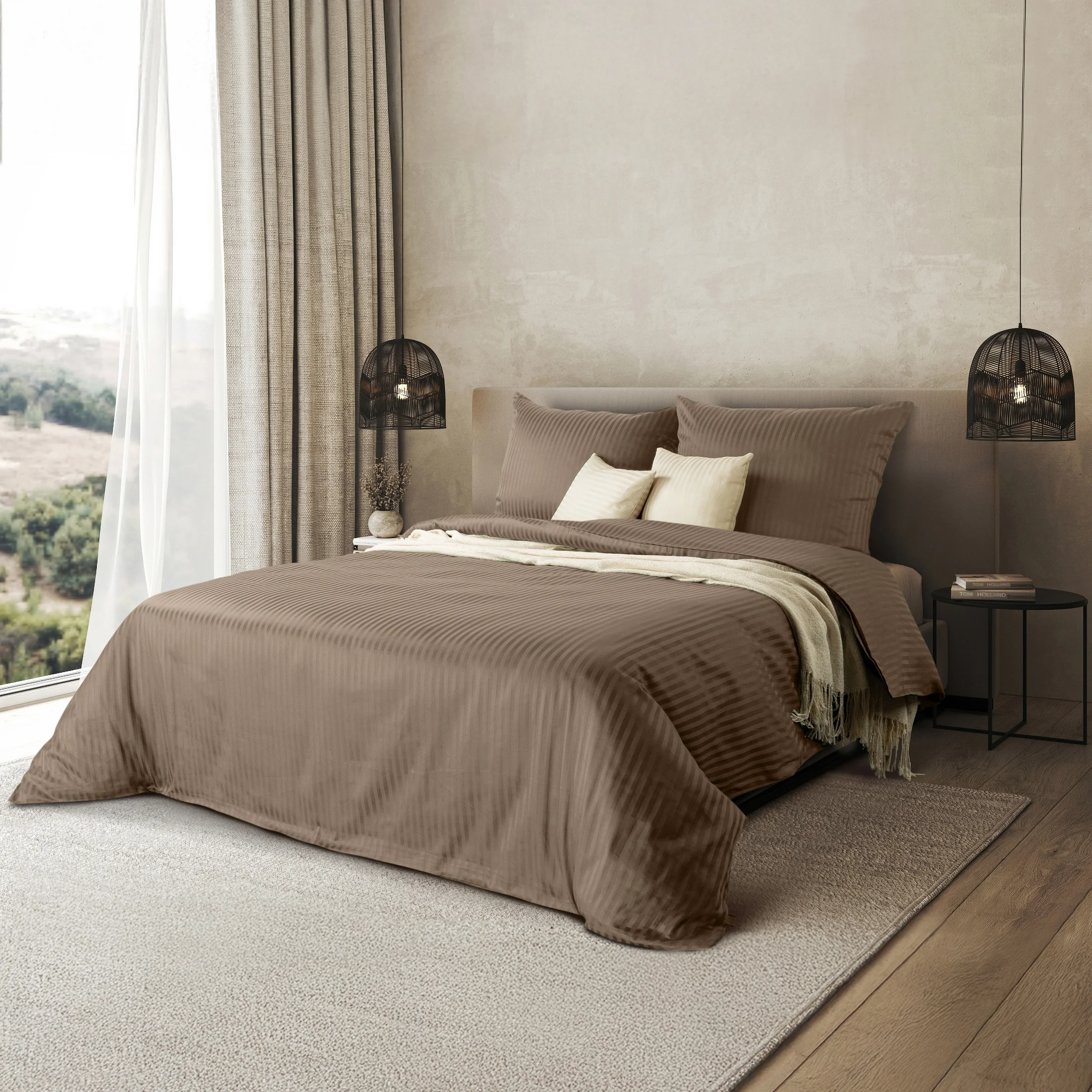 Pościel 160x200 cm satyna bawełniana kolor brązowy w drobne prążki VERA | eurofirany