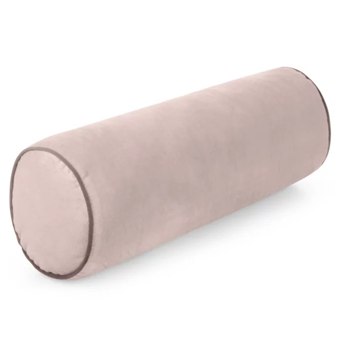 Poduszka dekoracyjna wałek 15 x 45 cm welwetowa pudrowa zdobiony kontrastującą lamówką GAJA