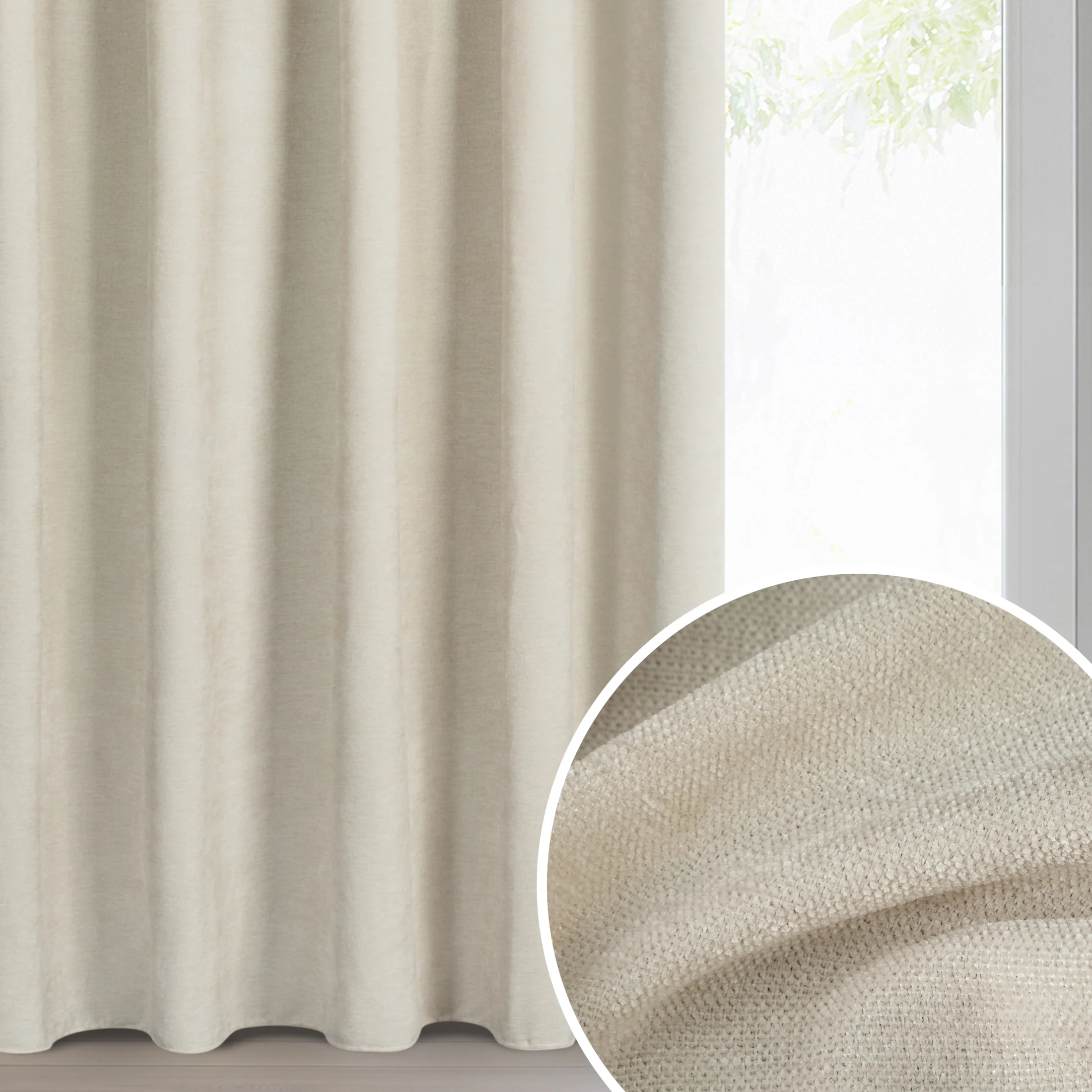 Zasłona jasnobeżowa z szenilowej tkaniny o strukturalnym splocie 140x270 cm taśma - VANI | eurofirany