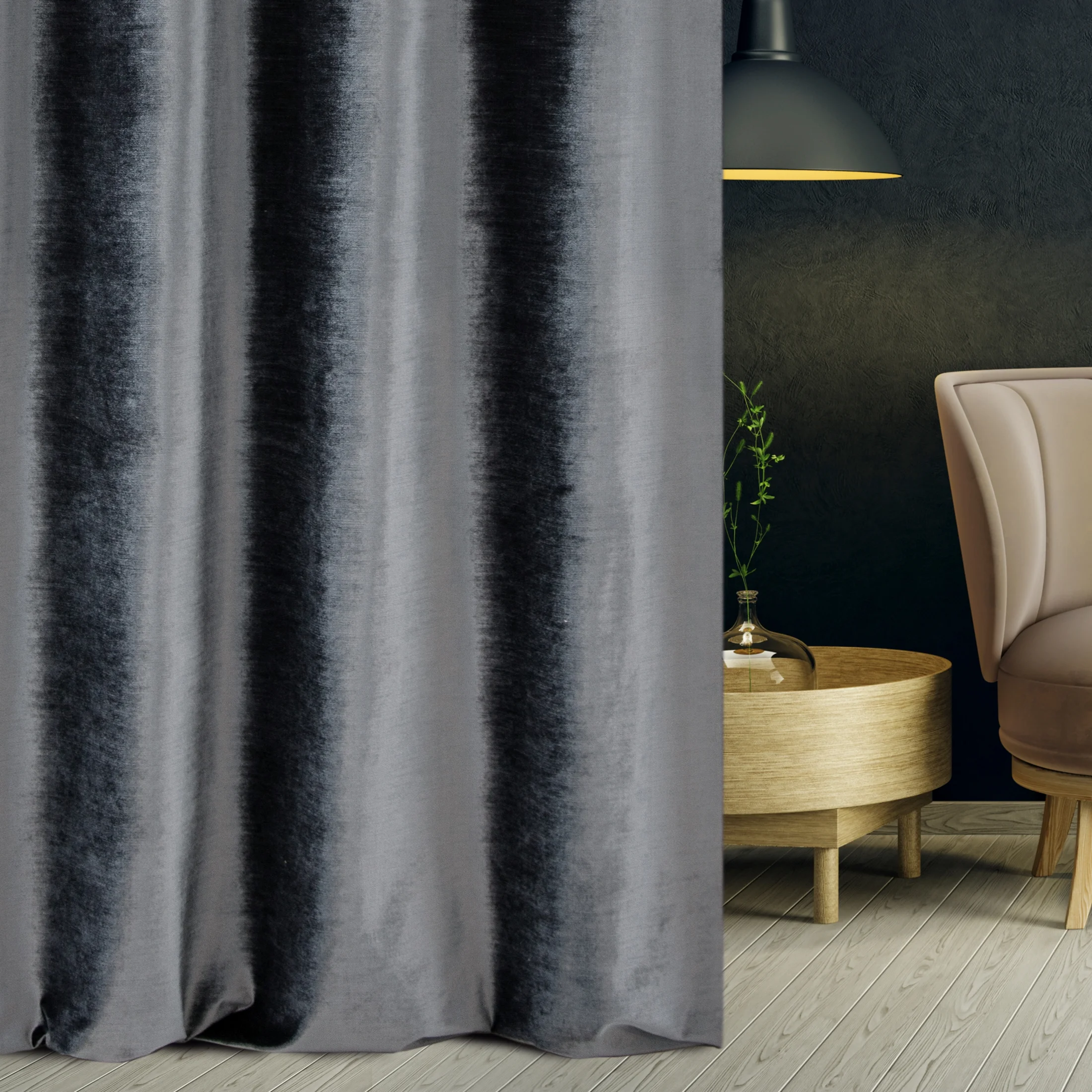 Tkanina zasłonowa, miękka, welwetowa z połyskiem, w poziome prążki z kolekcji Eva Minge