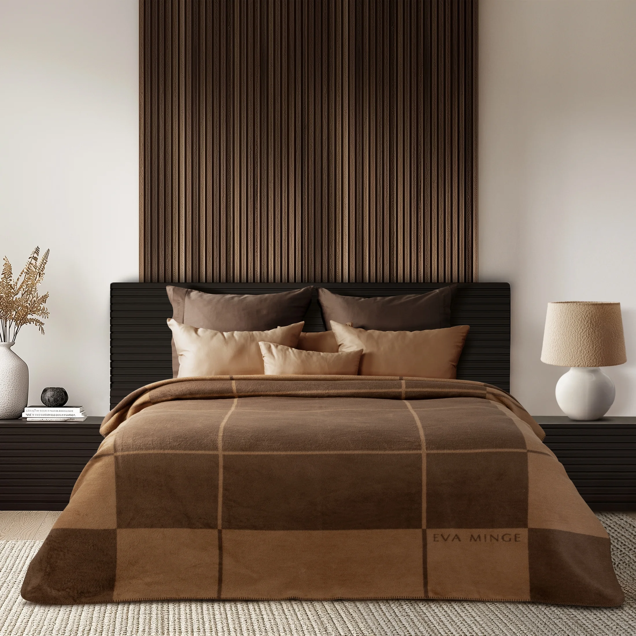 Koc bawełniano-akrylowy 220x240 cm miodowo, brązowy z geometrycznym nadrukiem ELEGANTE Eva Minge | eurofirany