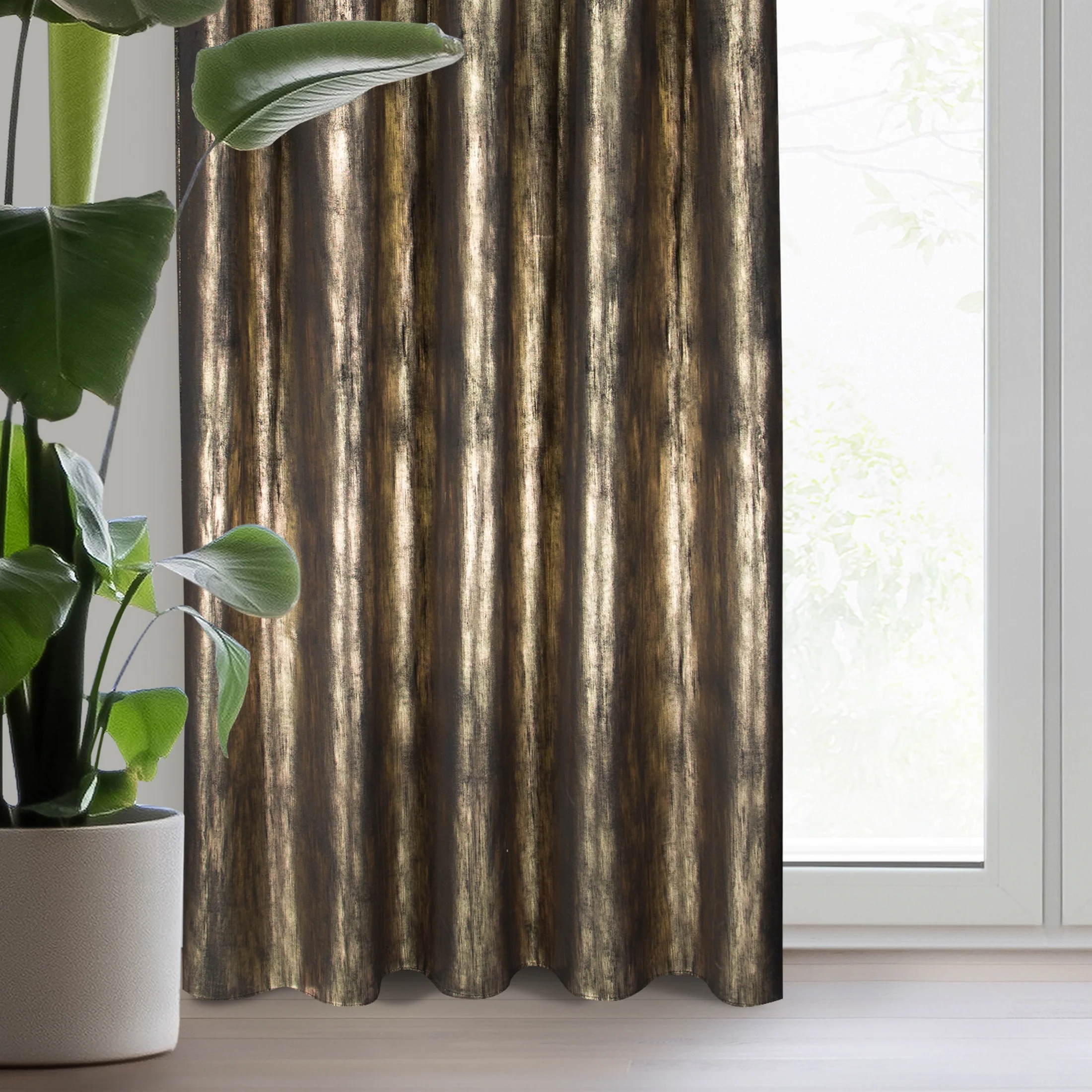 Zasłona welwetowa czarno, szampańska zdobiona lśniącym nadrukiem 140x270 cm taśma - EMILA | eurofirany