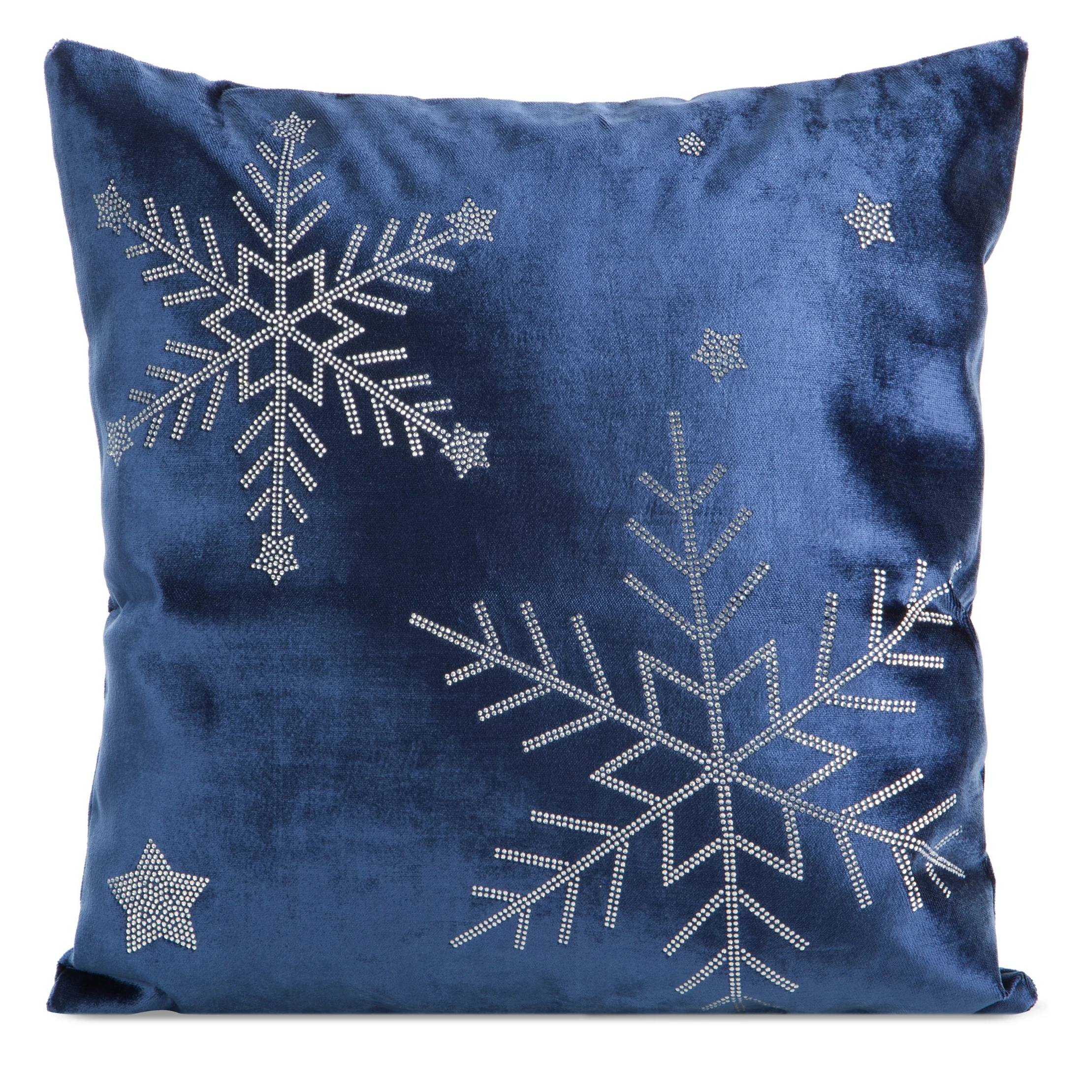 Poszewka na poduszkę świąteczna 45x45 cm granatowo, srebrna welwetowa zdobiona motywem śnieżynek z lśniących kryształków | eurofirany