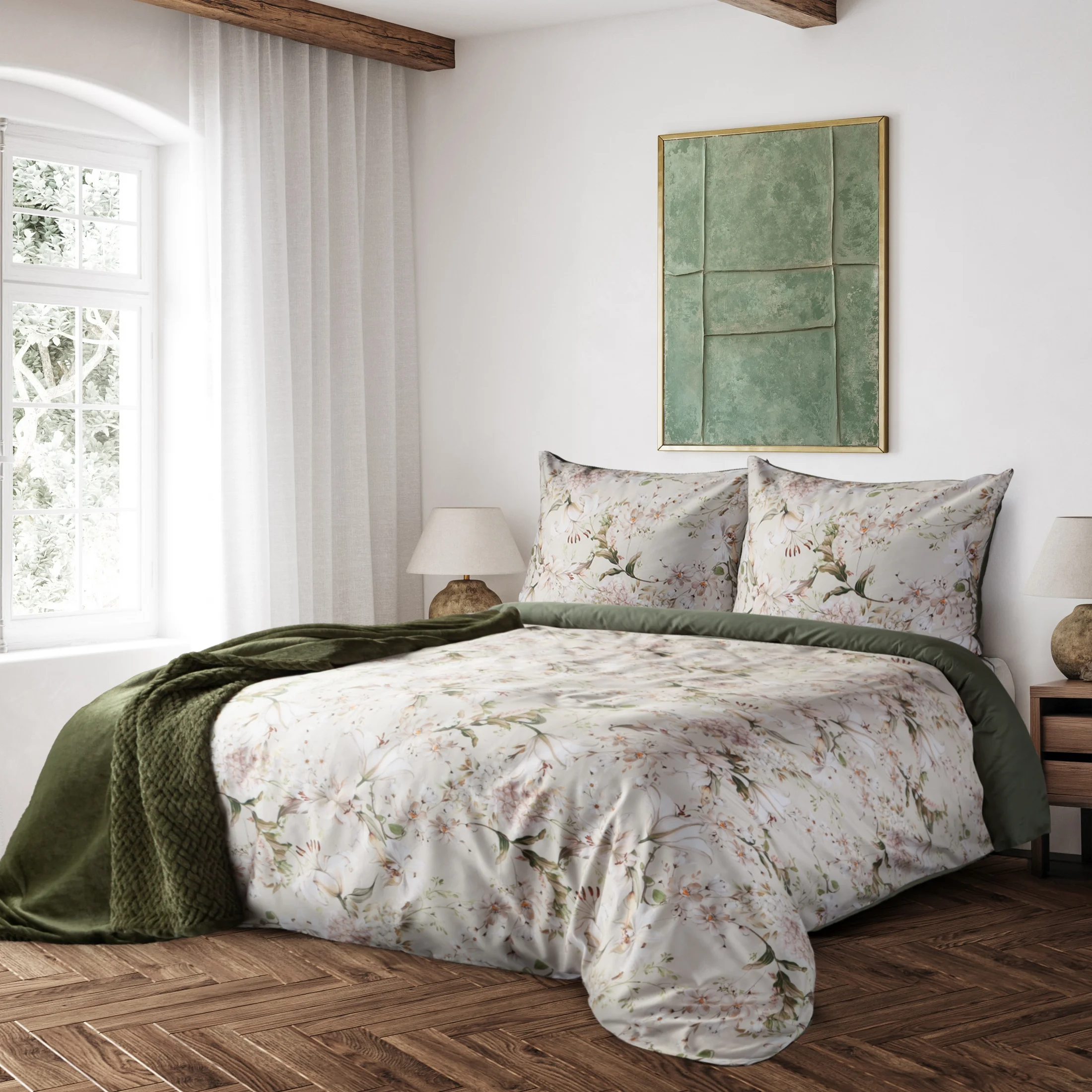 Pościel 160x200 cm z makosatyny bawełnianej kolor beżowo, biały zdobiona nadrukiem kwiatów REINA 45 | eurofirany