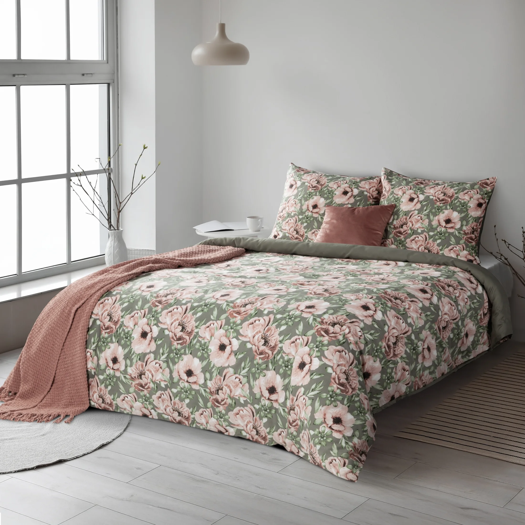 Pościel 160x200 cm bawełniana kolor stalowy, różowy z wzorem kwiatowym styl romantyczny SPRING 53 | eurofirany