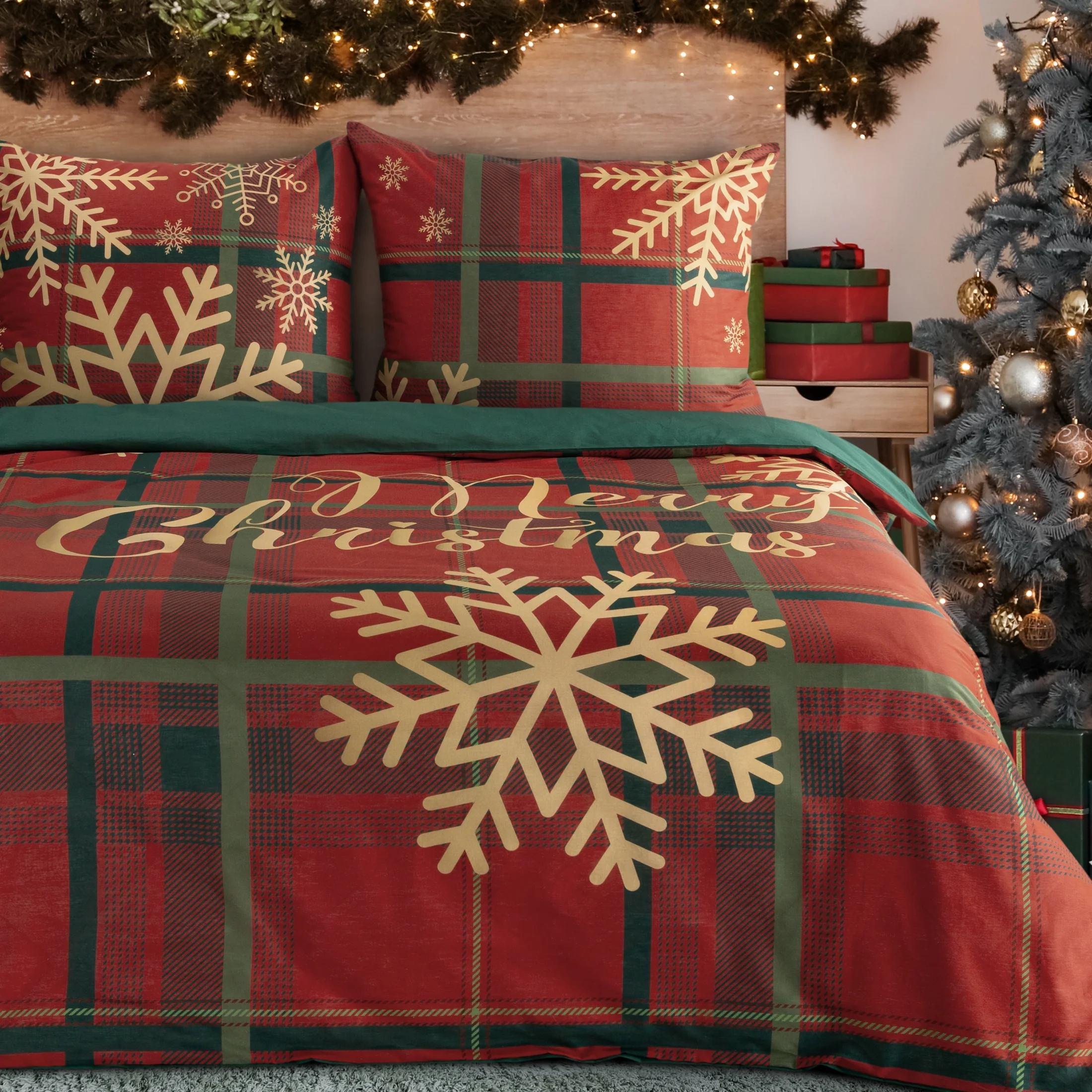 Pościel 160x200 cm bawełna ranforce kolor czerwony, ciemnozielony zdobiona nadrukiem kraty | eurofirany