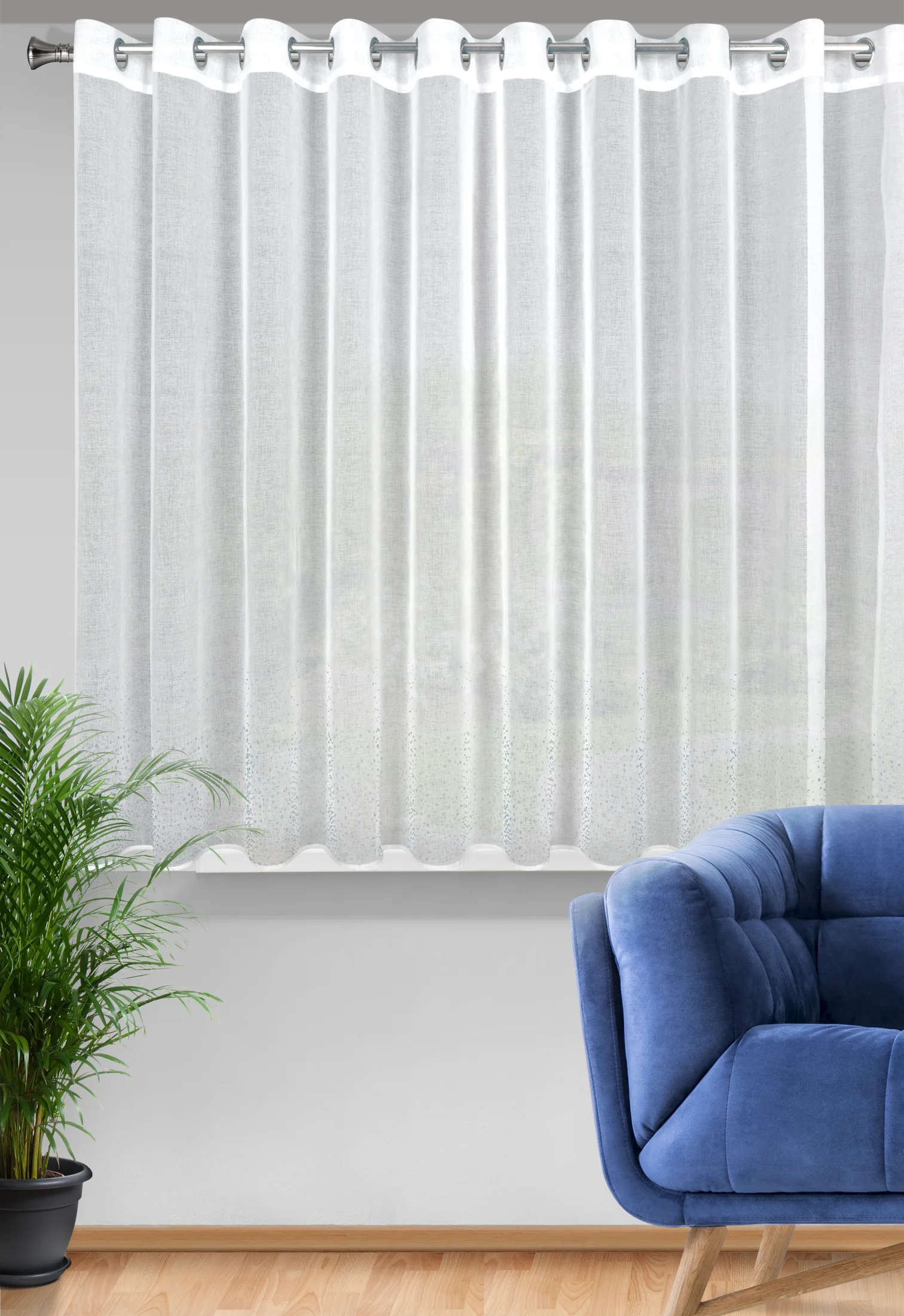 Firana biała zdobiona aplikacją z drobnych opalizujących kryształków 350x150 cm przelotka MOLLY