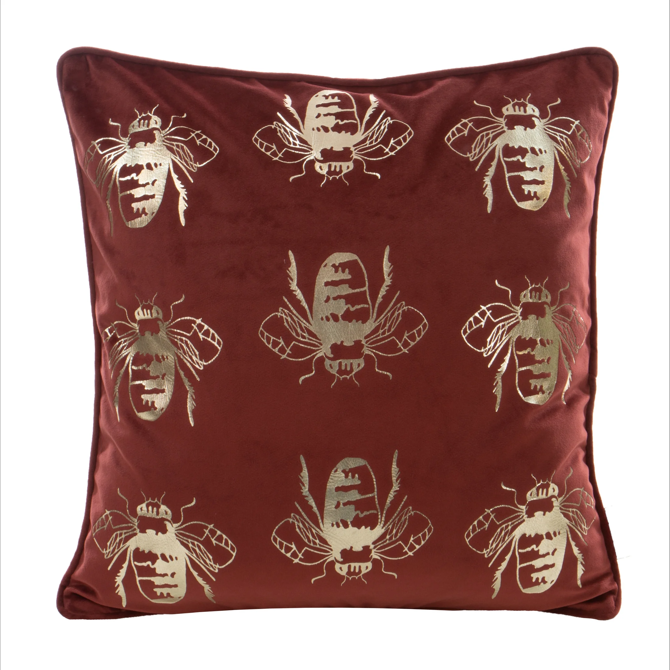 Poszewka na poduszkę 45x45 cm welwetowa, bordowo złocista z motywem pszczół BILNK | eurofirany