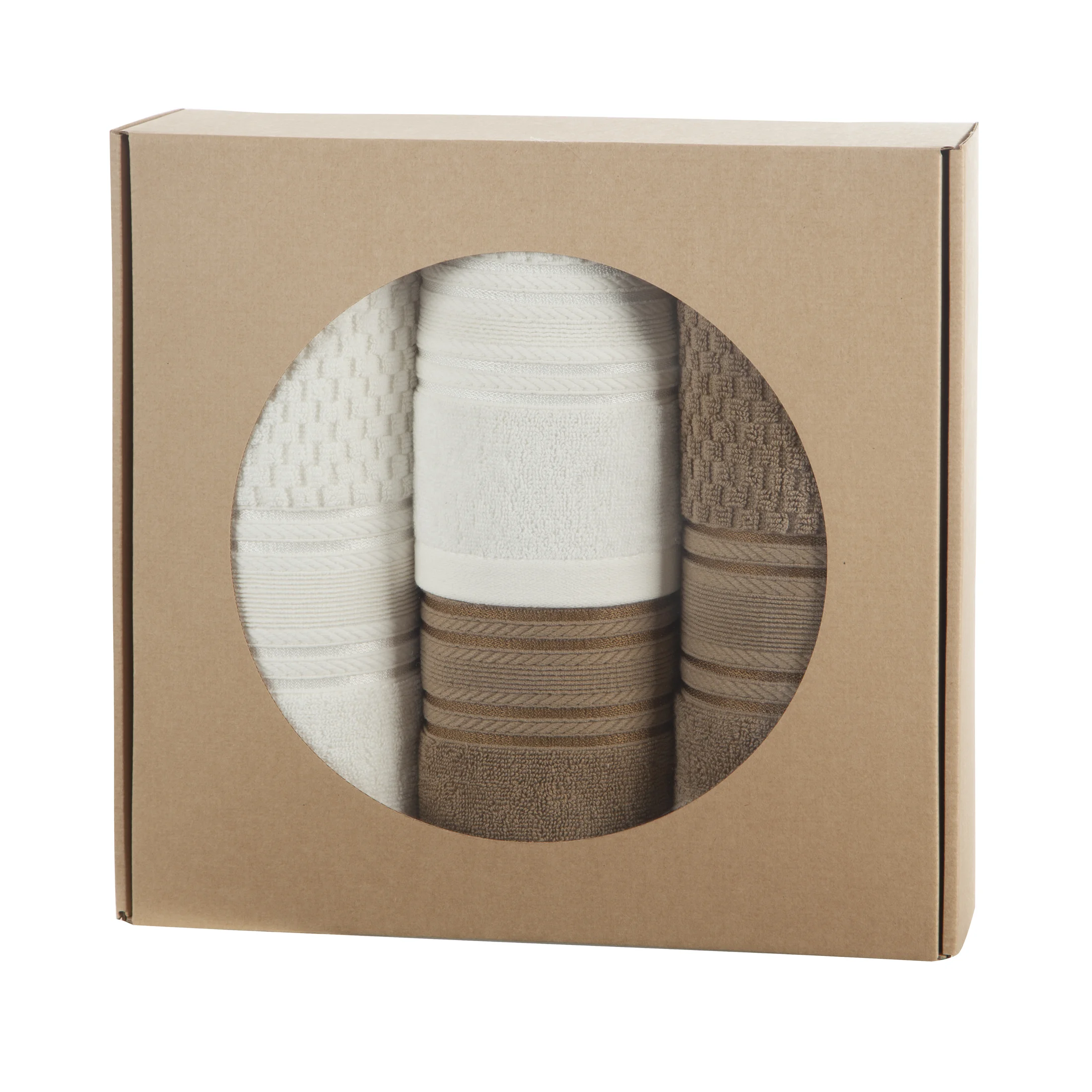 Zestaw ręczników bawełnianych na prezent 2 szt 50x90 cm,2 szt 70x140 cm kolor kremowy, beżowy z bordiurą w pasy