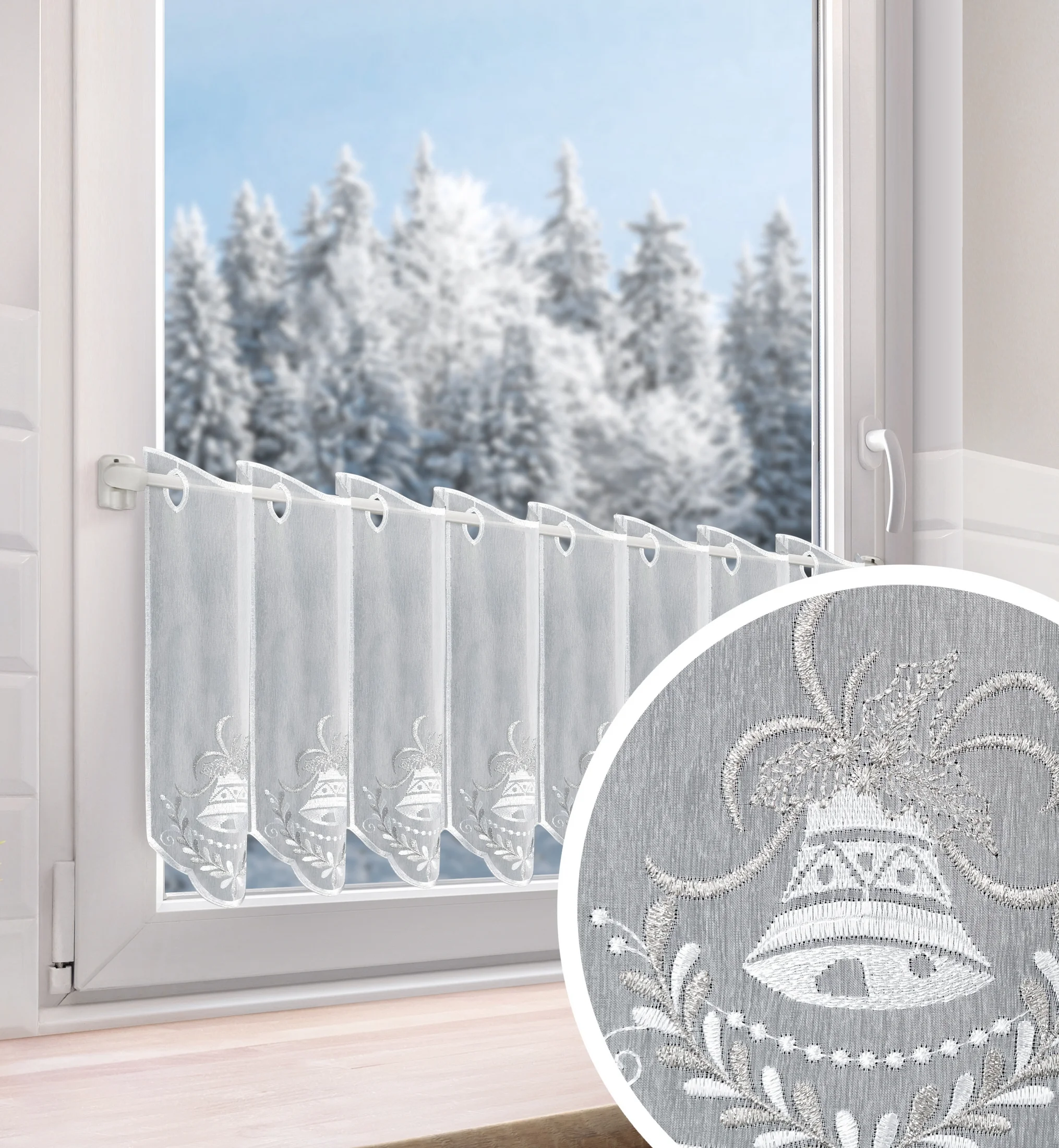 Tkanina firanowa zazdrostka z etaminy zdobiona świątecznym haftem dzwoneczków