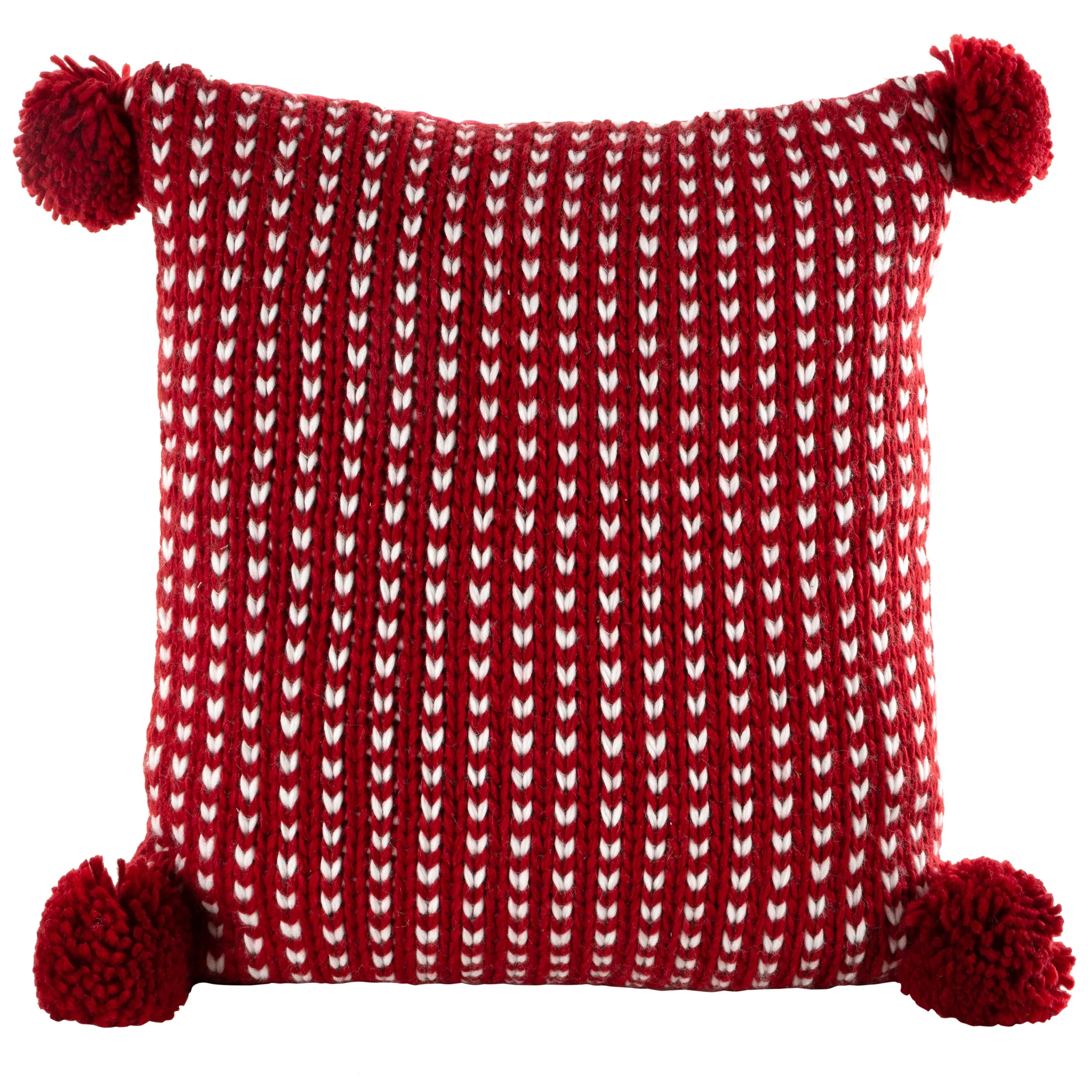 Poszewka na poduszkę 45x45 cm o plecionej strukturze czerwono biała z pomponami |