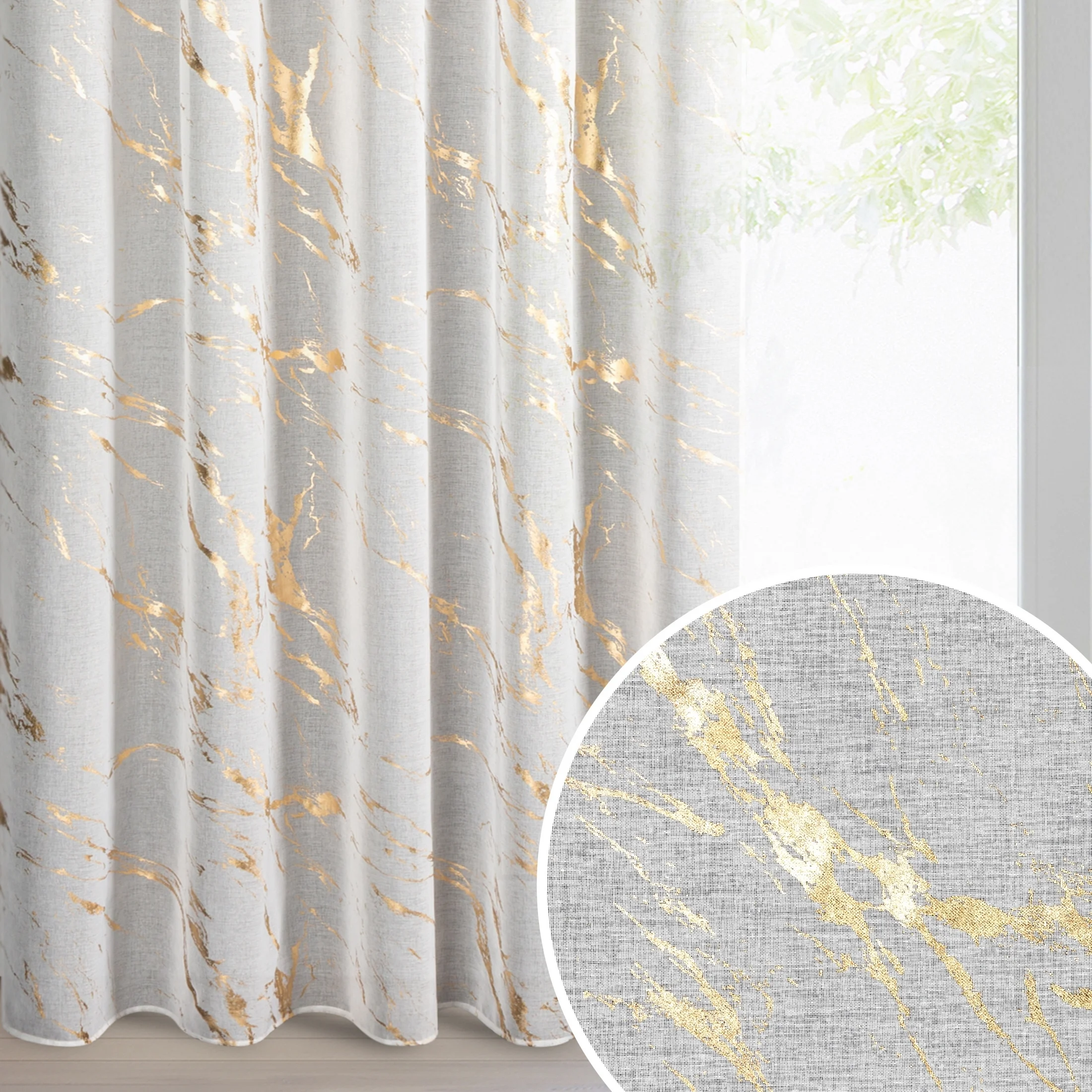 Firana biała, szampańska zdobiona nadrukiem marmurku 140x270 cm taśma - MOLLY1 | eurofirany