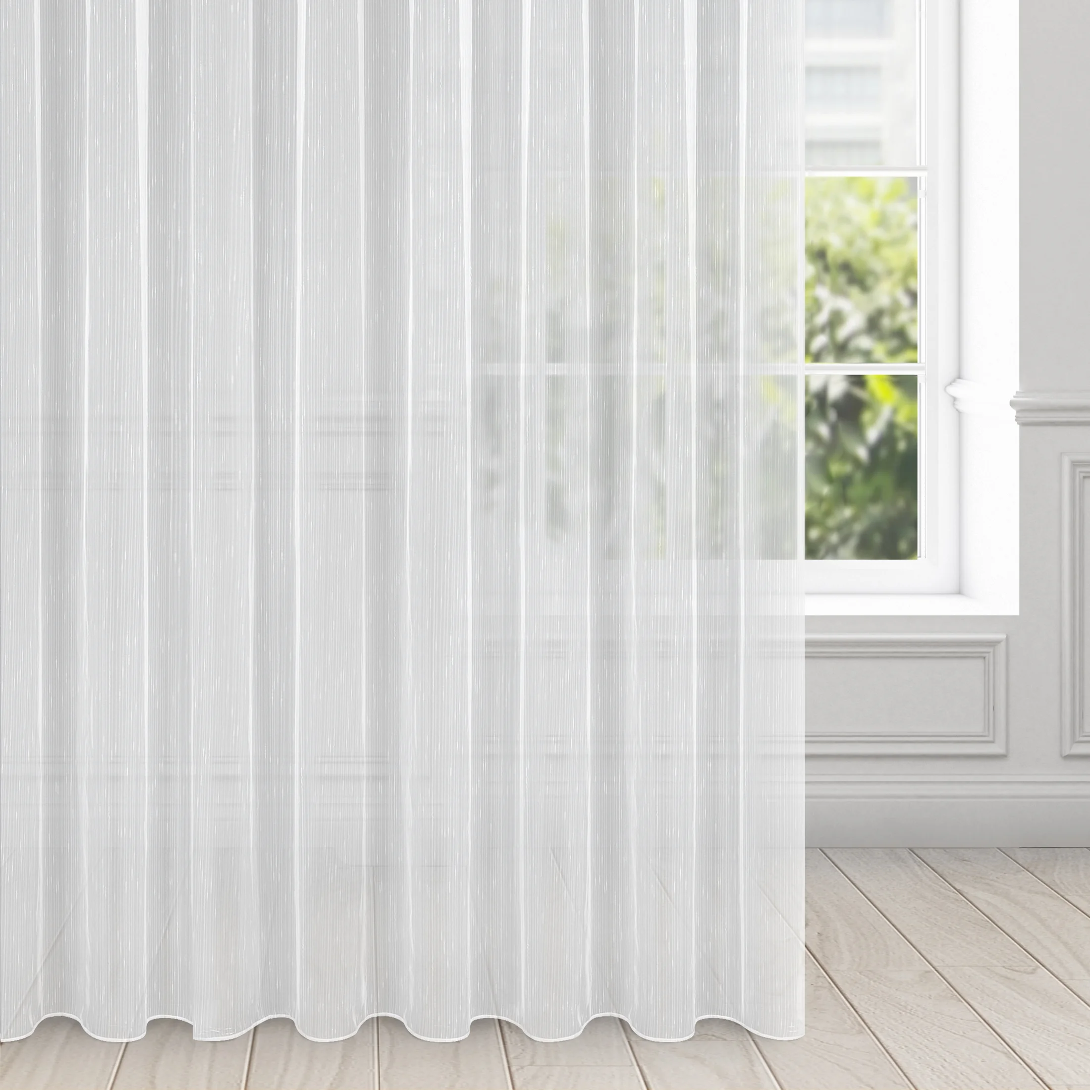Firana biała z delikatnymi prążkami i efektem deszczyku 350x270 cm taśma PILAR | eurofirany