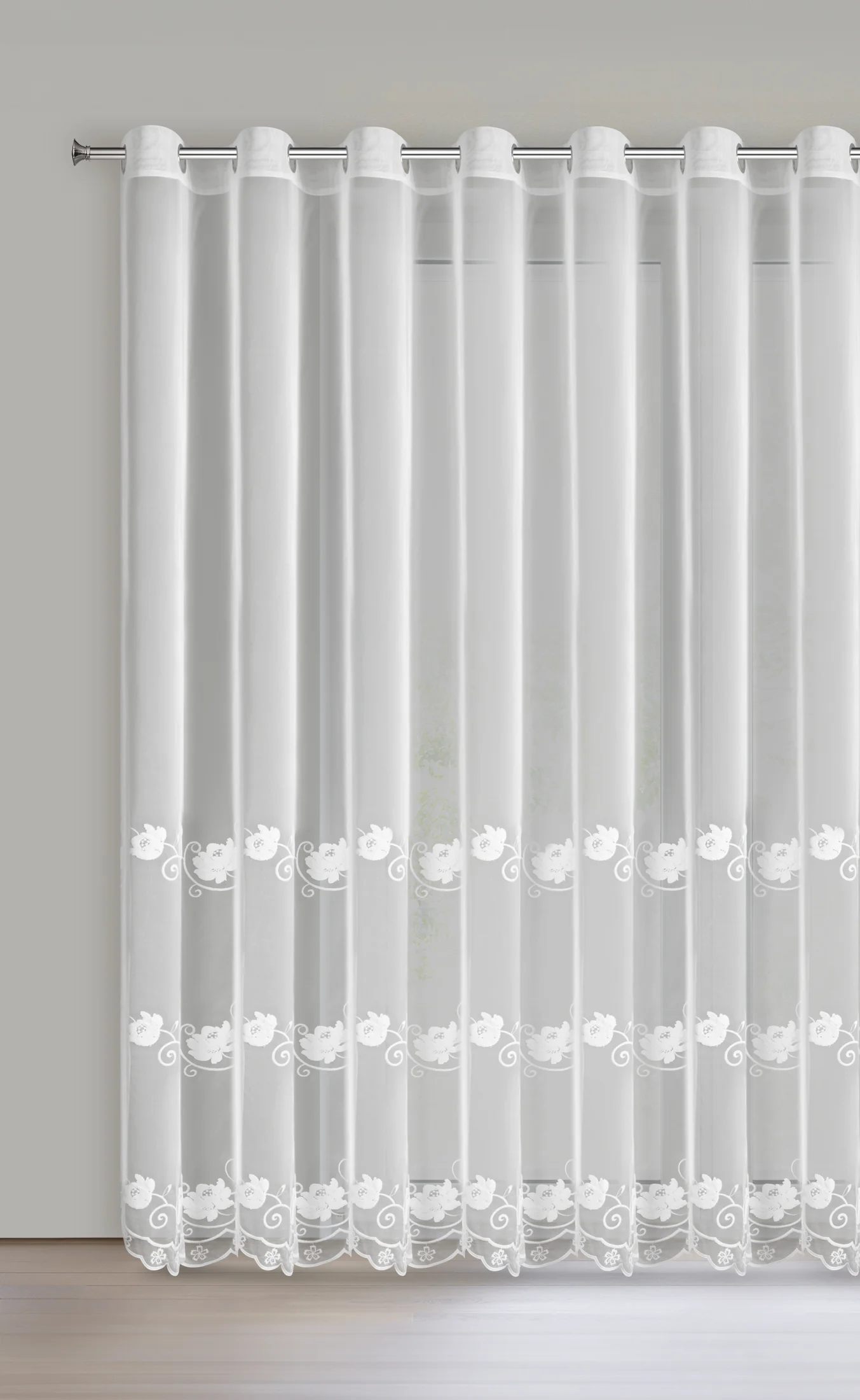 Firana biała z drobnej siateczki zdobiona subtelnym haftem 350x250 cm przelotki - LETI