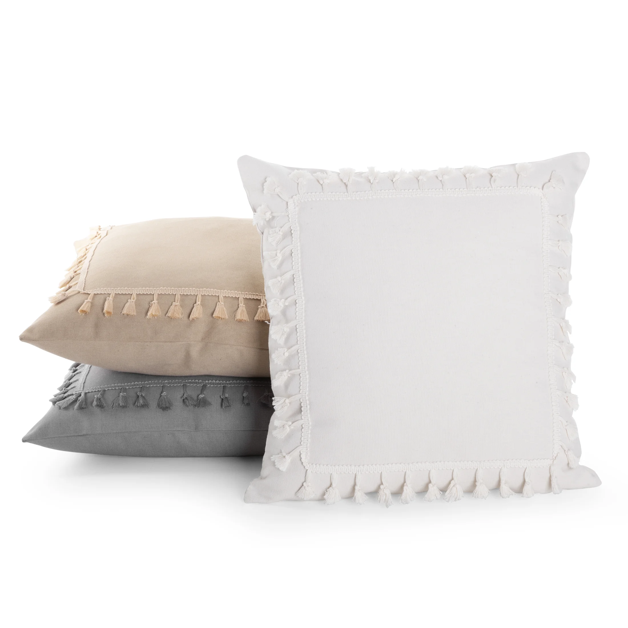 Poszewka na poduszkę 45x45 cm z bawełny beżowa z ozdobną pasmanterią BOHO