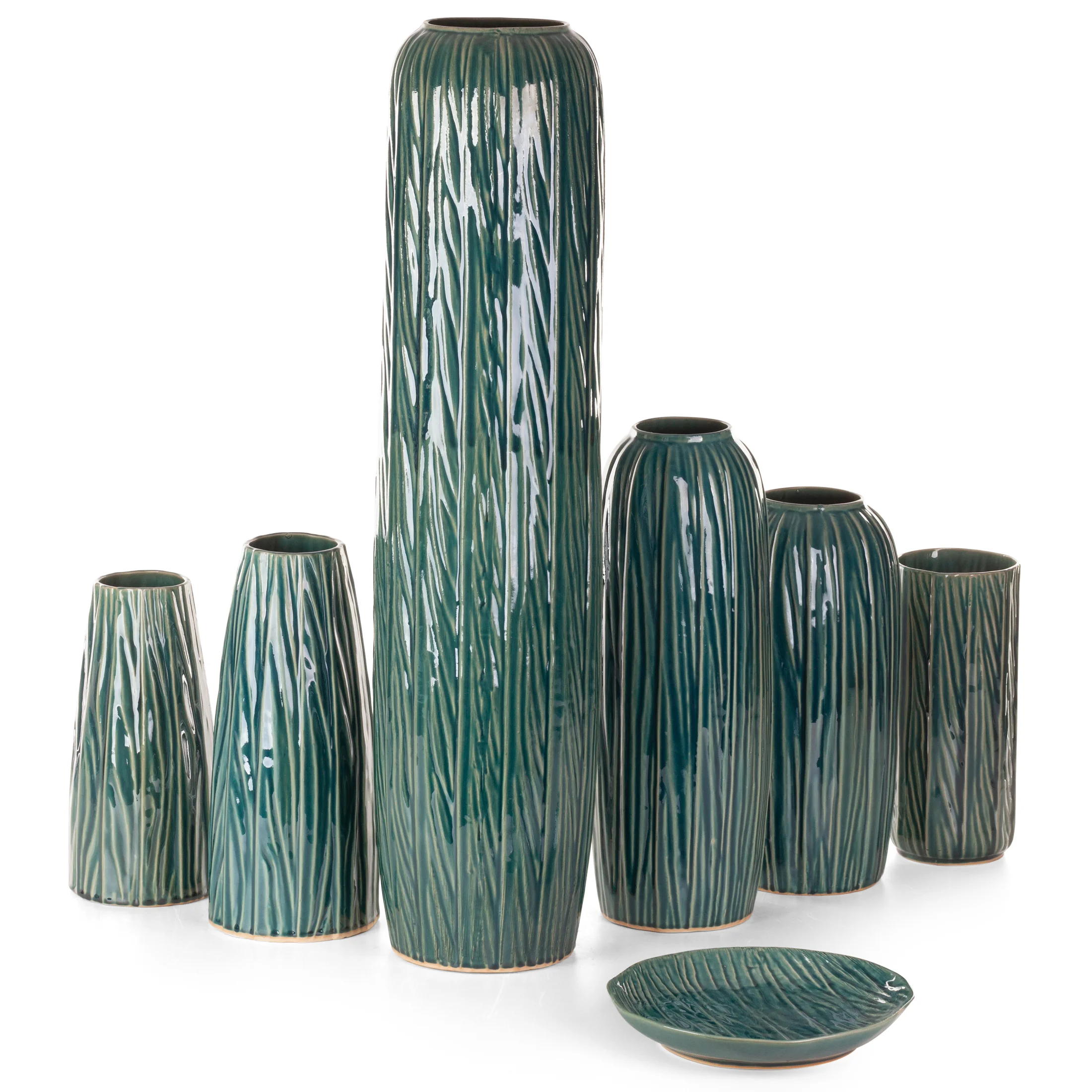 Wazon ceramiczny zielono-beżowy w stylu boho w prążki średnica 16x34 cm