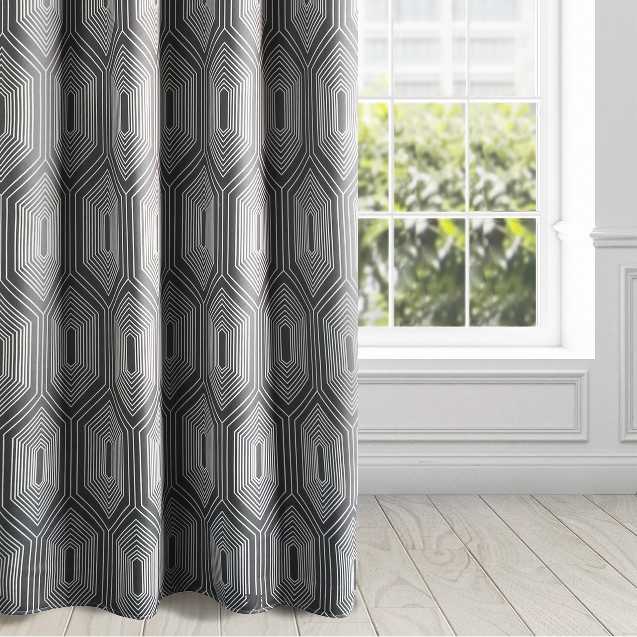 Zasłona grafitowo, biała z białym geometrycznym wzorem zaciemniająca 140x250 cm przelotka - DIADEM | eurofirany
