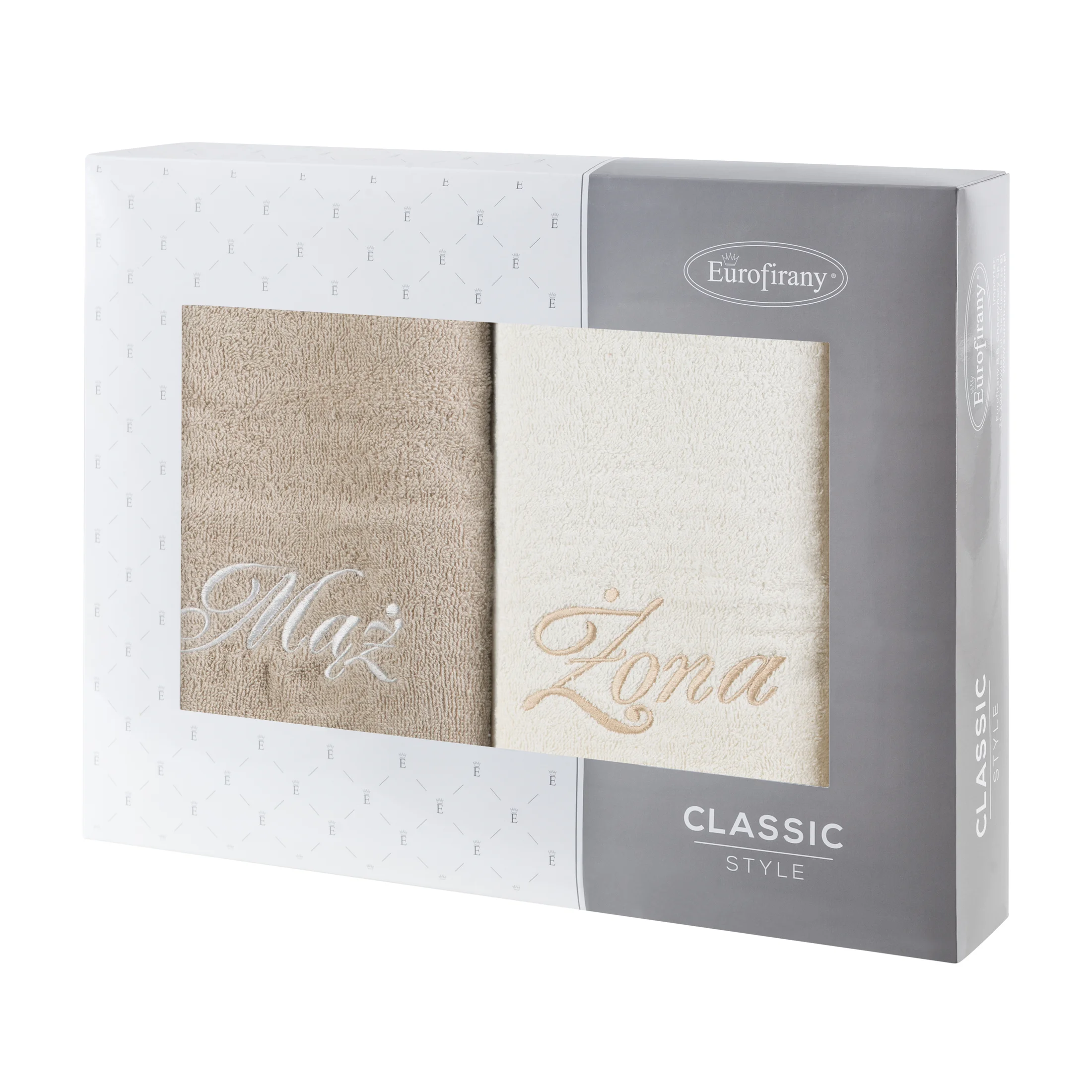 Zestaw ręczników bawełnianych na prezent 2 szt 50x90 cm z haftem Żona i Mąż kolor kremowy,beżowy 400 g/m2